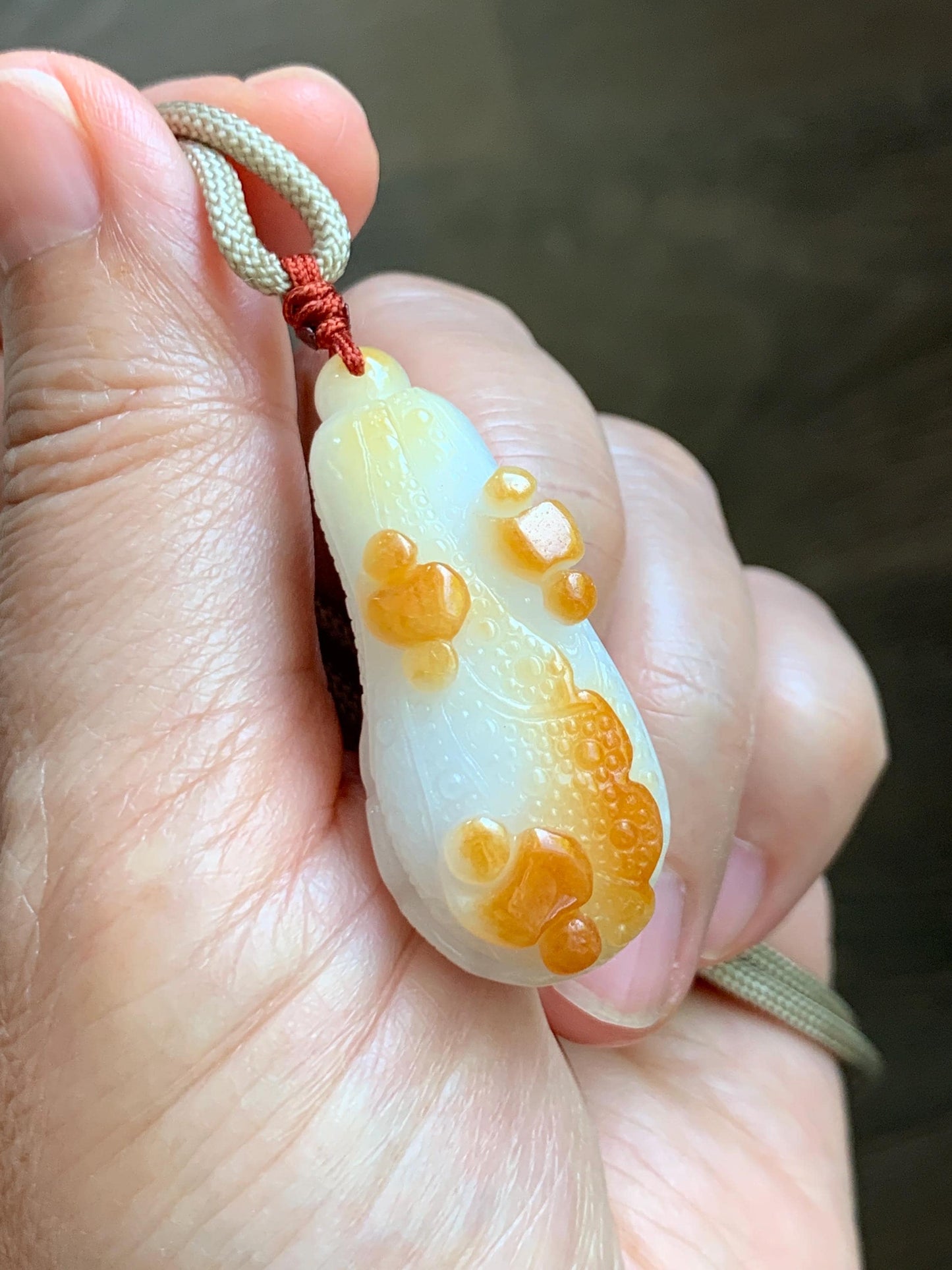 Natural Grade A Icy Translucent White Jadeite w/ Red Marbling Carved Cabbage Pendant Rope Necklace 24” 15g 天然细糯白冰飘红翡翠白菜百财吊坠 MBC320A