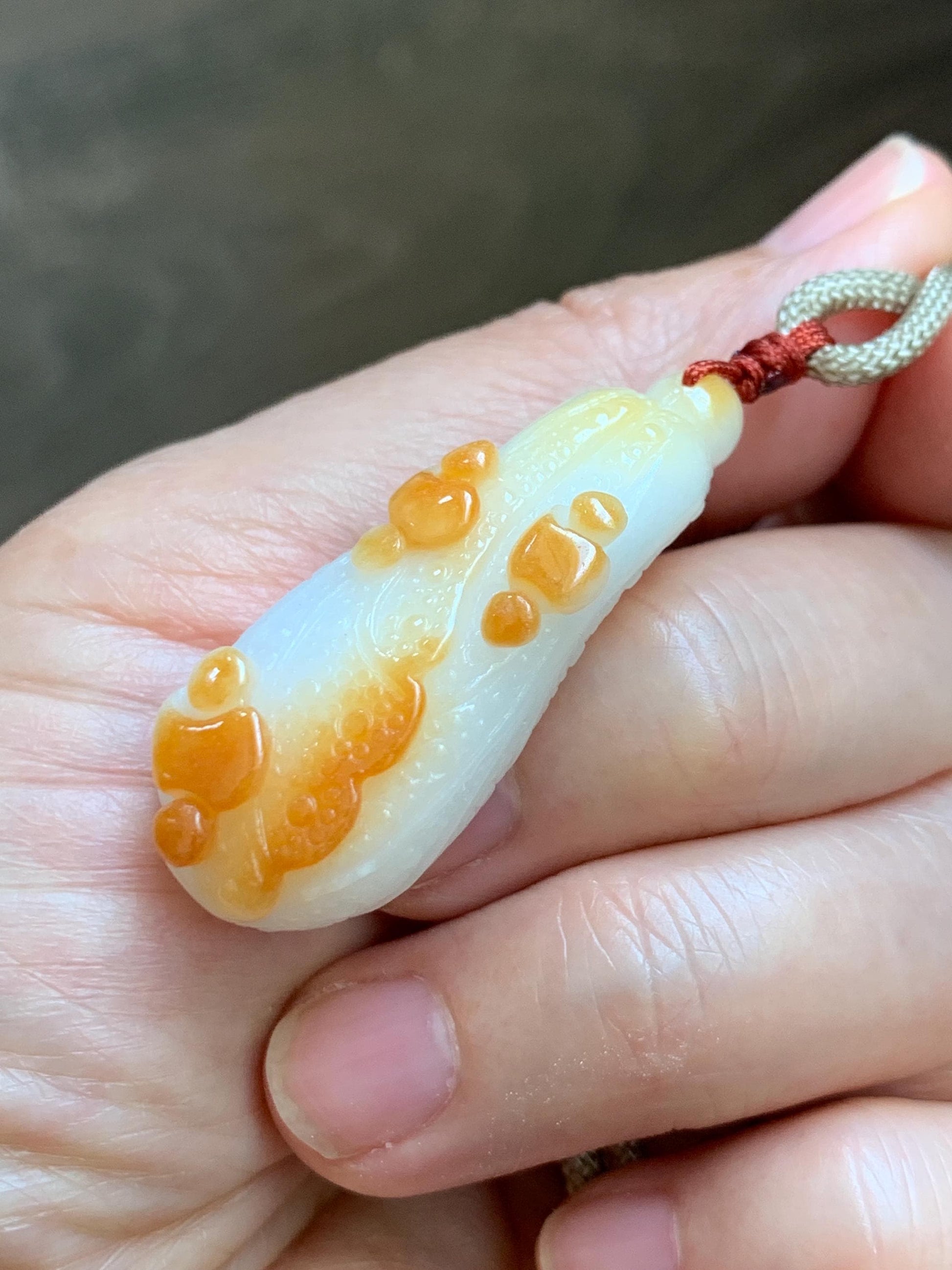 Natural Grade A Icy Translucent White Jadeite w/ Red Marbling Carved Cabbage Pendant Rope Necklace 24” 15g 天然细糯白冰飘红翡翠白菜百财吊坠 MBC320A
