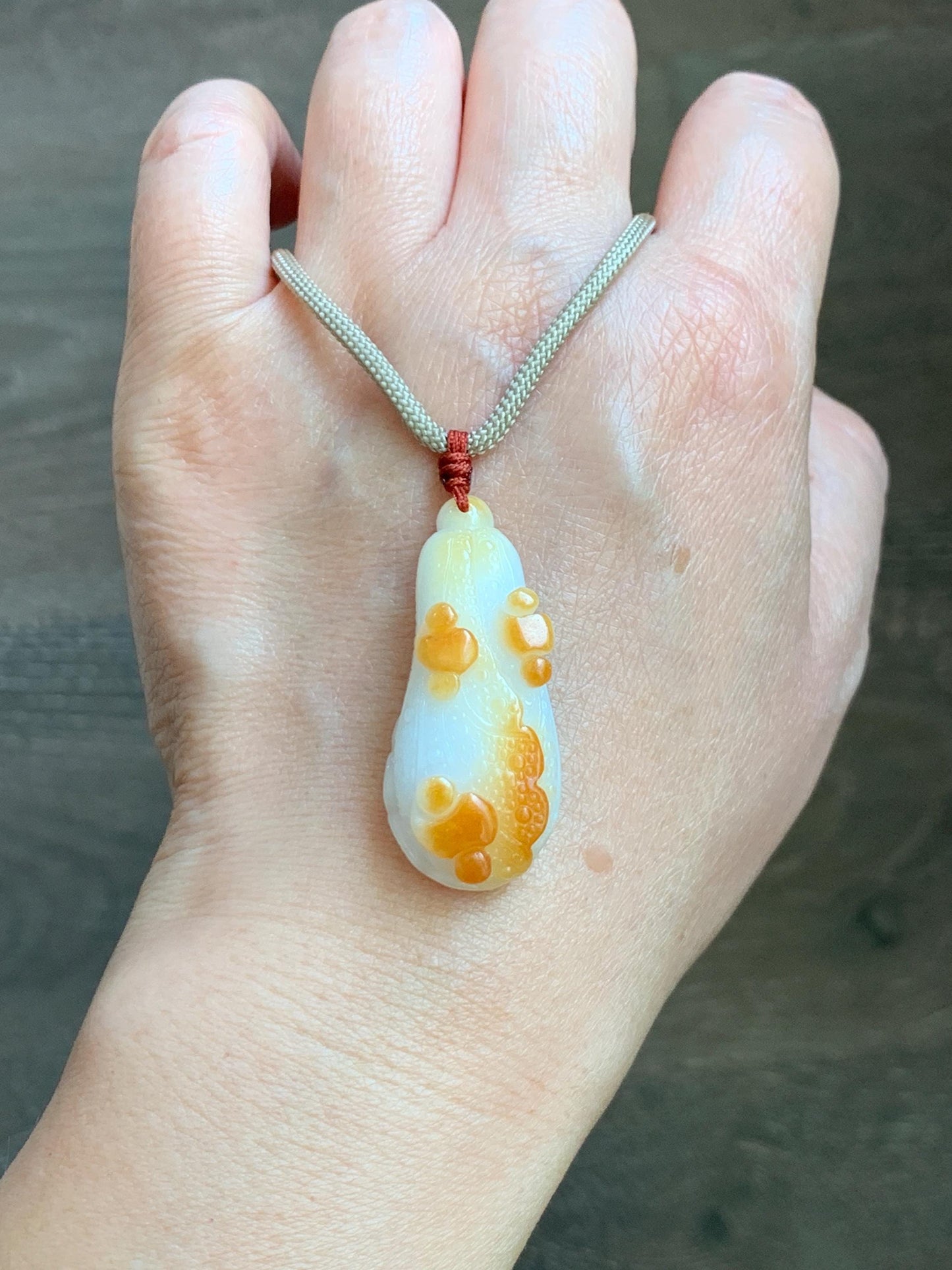 Natural Grade A Icy Translucent White Jadeite w/ Red Marbling Carved Cabbage Pendant Rope Necklace 24” 15g 天然细糯白冰飘红翡翠白菜百财吊坠 MBC320A