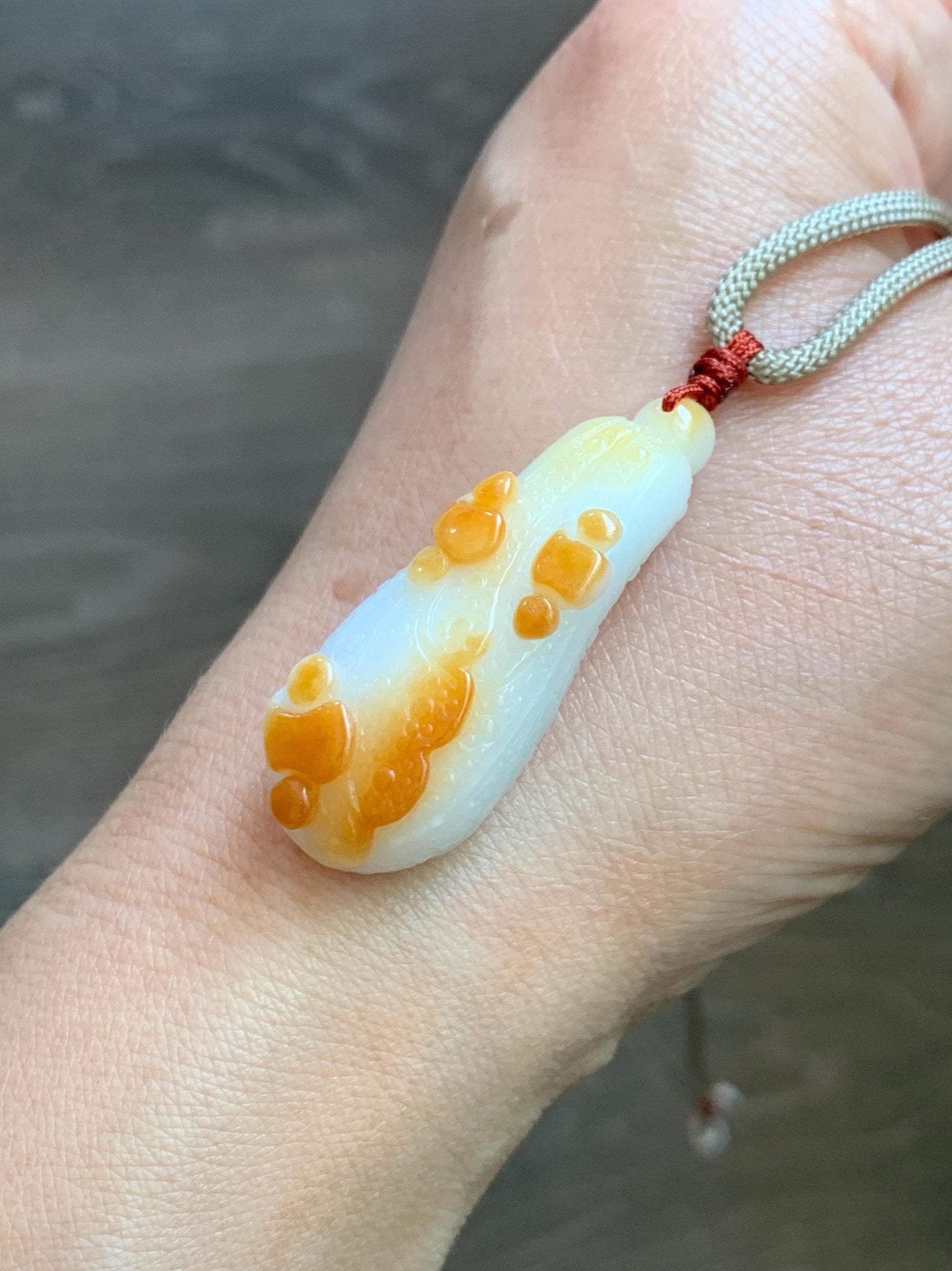 Natural Grade A Icy Translucent White Jadeite w/ Red Marbling Carved Cabbage Pendant Rope Necklace 24” 15g 天然细糯白冰飘红翡翠白菜百财吊坠 MBC320A
