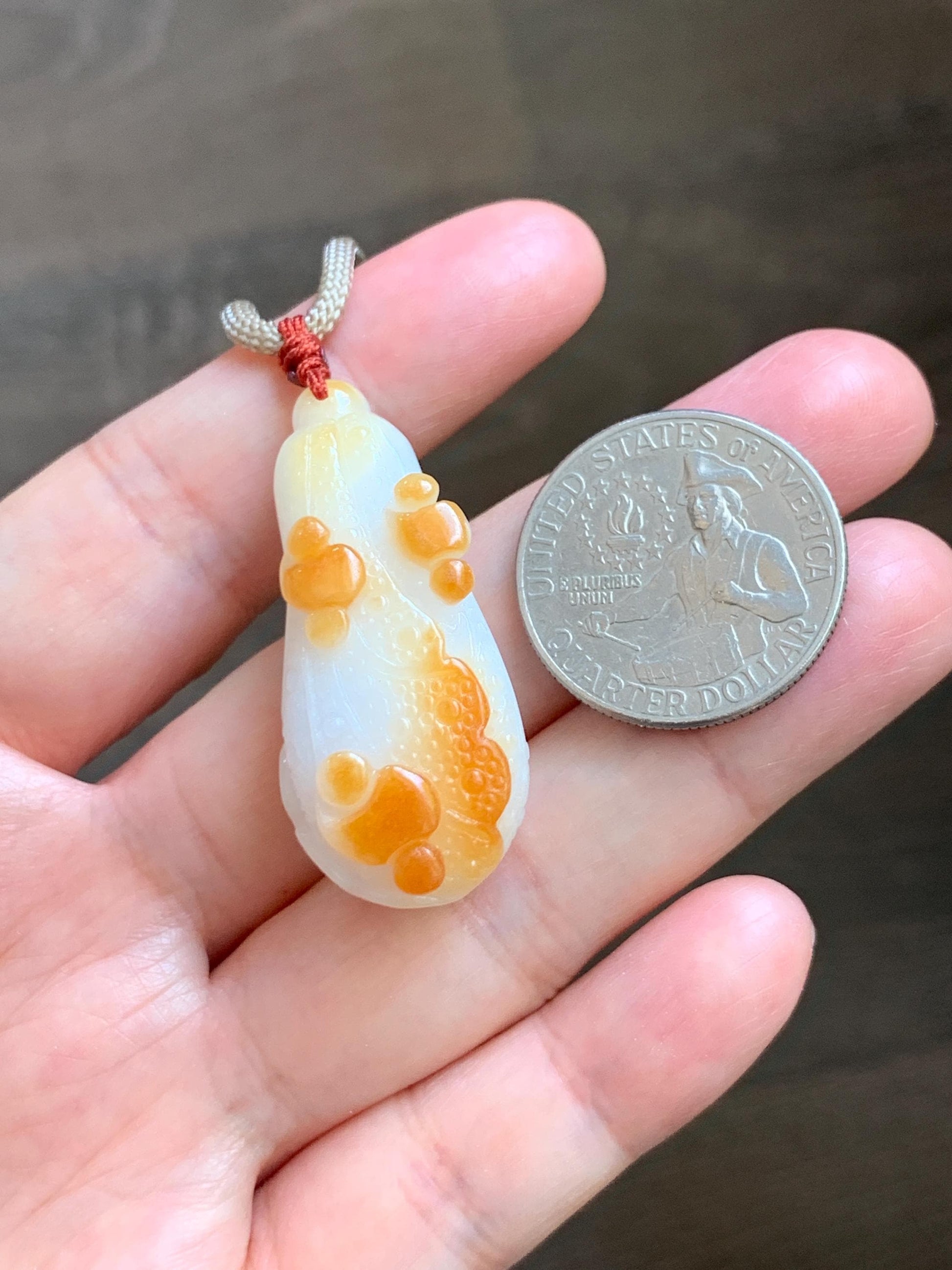 Natural Grade A Icy Translucent White Jadeite w/ Red Marbling Carved Cabbage Pendant Rope Necklace 24” 15g 天然细糯白冰飘红翡翠白菜百财吊坠 MBC320A