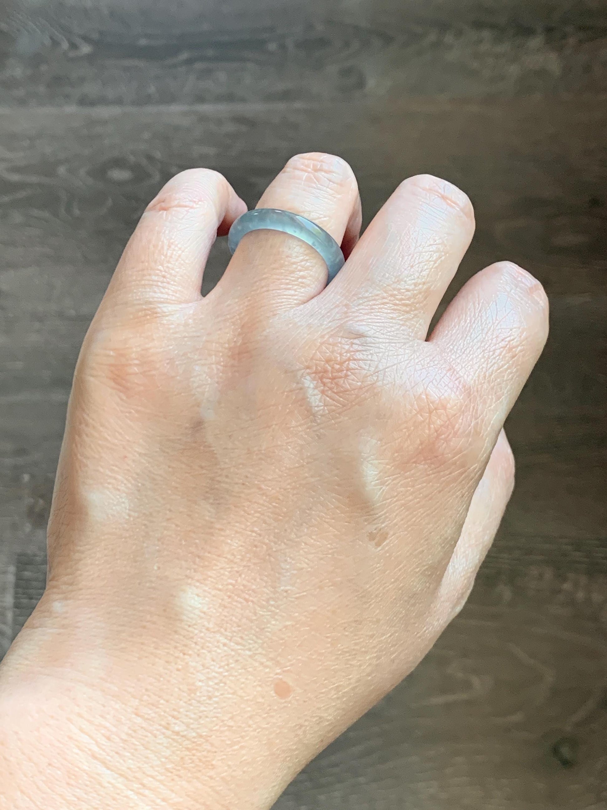 Natural Guatemalan Grade A Icy Translucent Light Teal Blue Jade Jadeite Band Ring Size 8.5 US 天然冰胶危蓝翡翠戒圈 WLJ560G