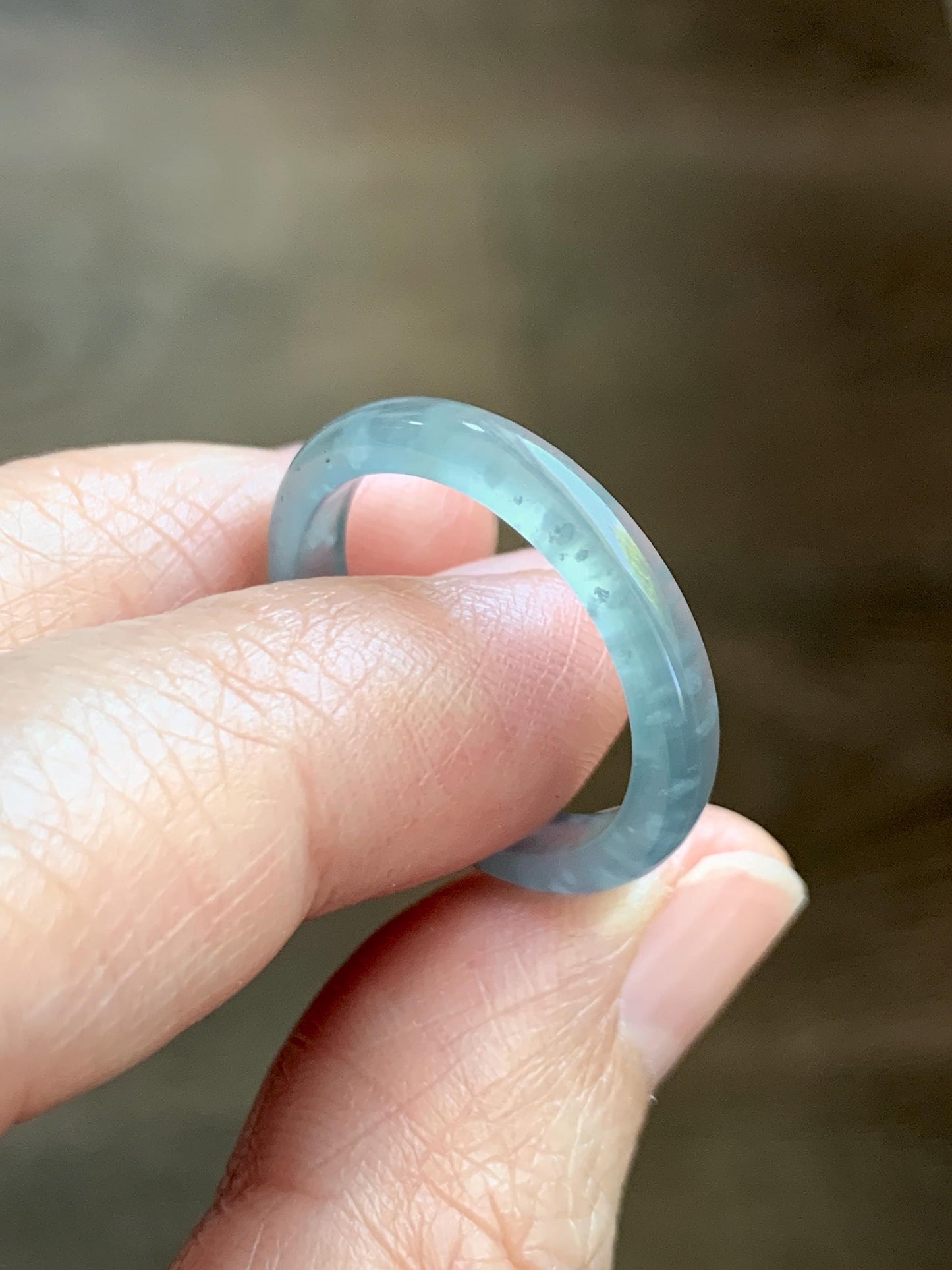 Natural Guatemalan Grade A Icy Translucent Light Teal Blue Jade Jadeite Band Ring Size 8.5 US 天然冰胶危蓝翡翠戒圈 WLJ560G