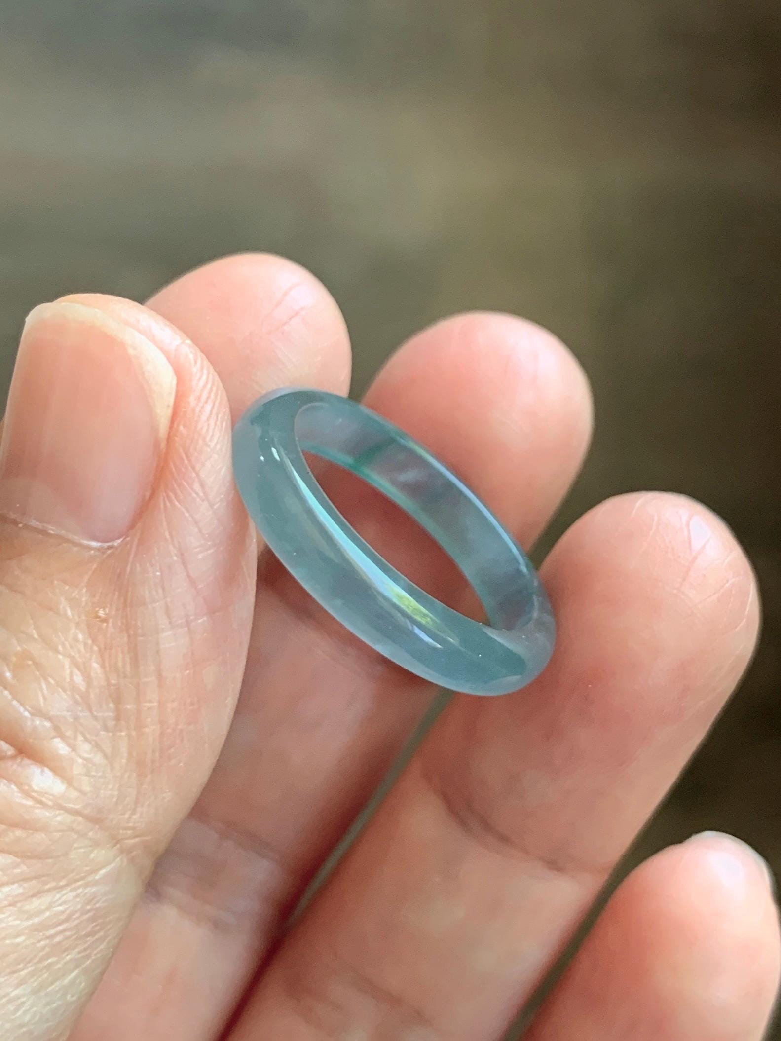 Natural Guatemalan Grade A Icy Translucent Light Teal Blue Green Marbled Jade Jadeite Band Ring Size 7.25 US 天然冰胶危蓝飘绿花翡翠戒圈 WLJ560F