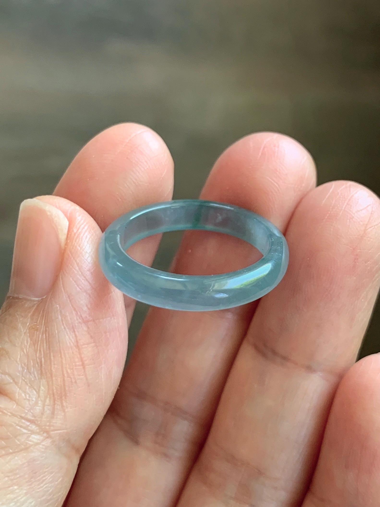 Natural Guatemalan Grade A Icy Translucent Light Teal Blue Green Marbled Jade Jadeite Band Ring Size 7.25 US 天然冰胶危蓝飘绿花翡翠戒圈 WLJ560F