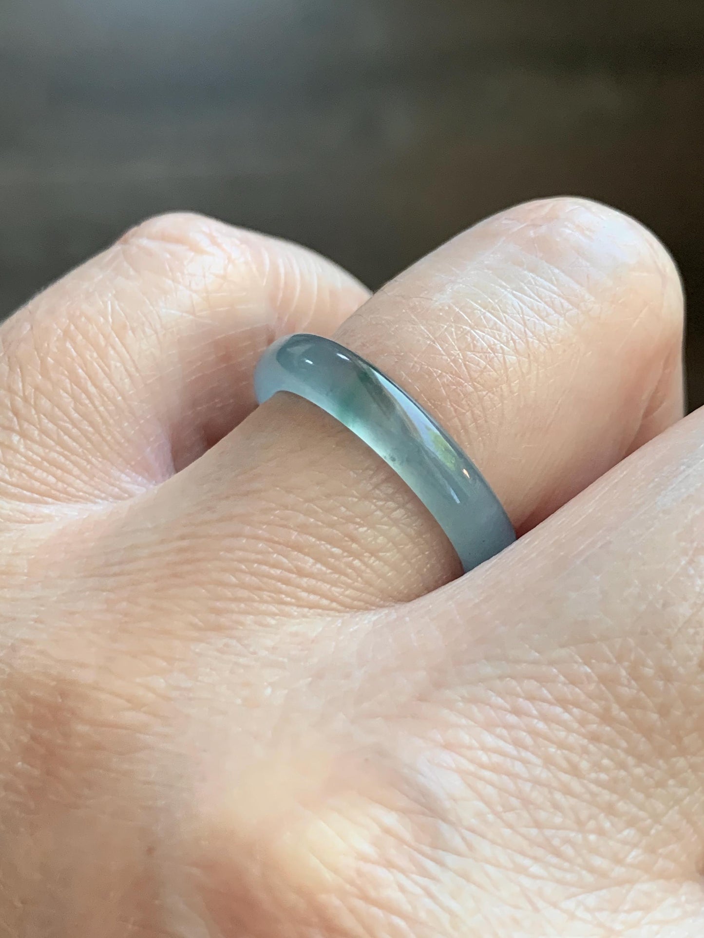 Natural Guatemalan Grade A Icy Translucent Light Teal Blue Green Marbled Jade Jadeite Band Ring Size 7.25 US 天然冰胶危蓝飘绿花翡翠戒圈 WLJ560F