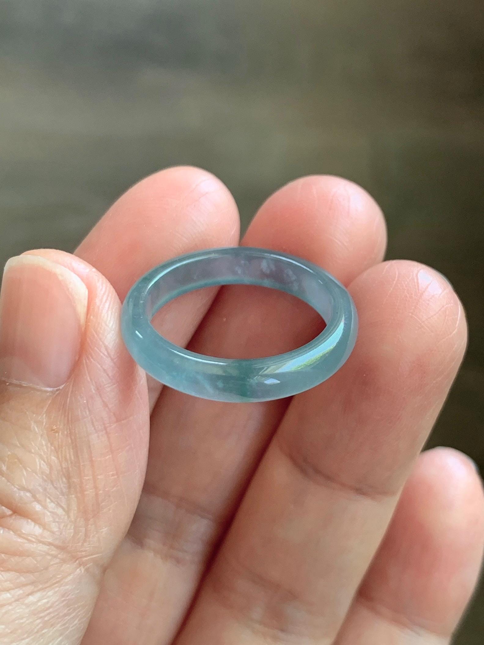 Natural Guatemalan Grade A Icy Translucent Light Teal Blue Green Marbled Jade Jadeite Band Ring Size 7.25 US 天然冰胶危蓝飘绿花翡翠戒圈 WLJ560F