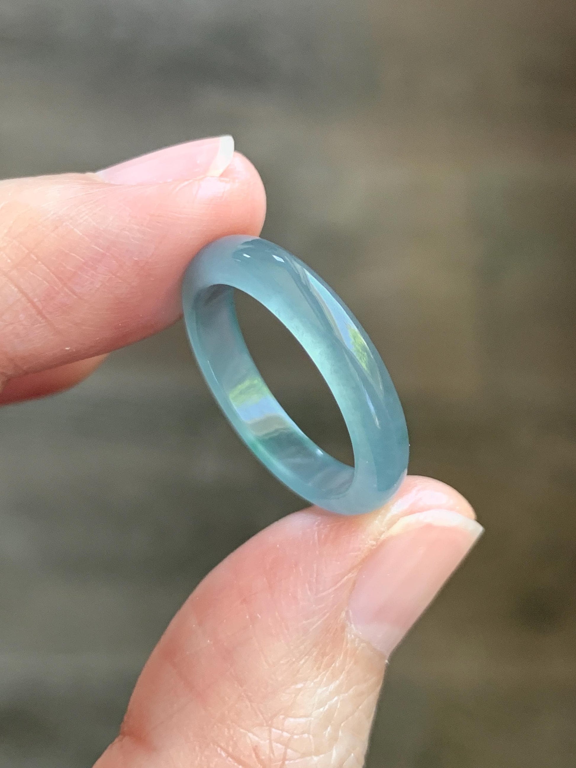 Natural Guatemalan Grade A Icy Translucent Light Teal Blue Green Marbled Jade Jadeite Band Ring Size 7.25 US 天然冰胶危蓝飘绿花翡翠戒圈 WLJ560F