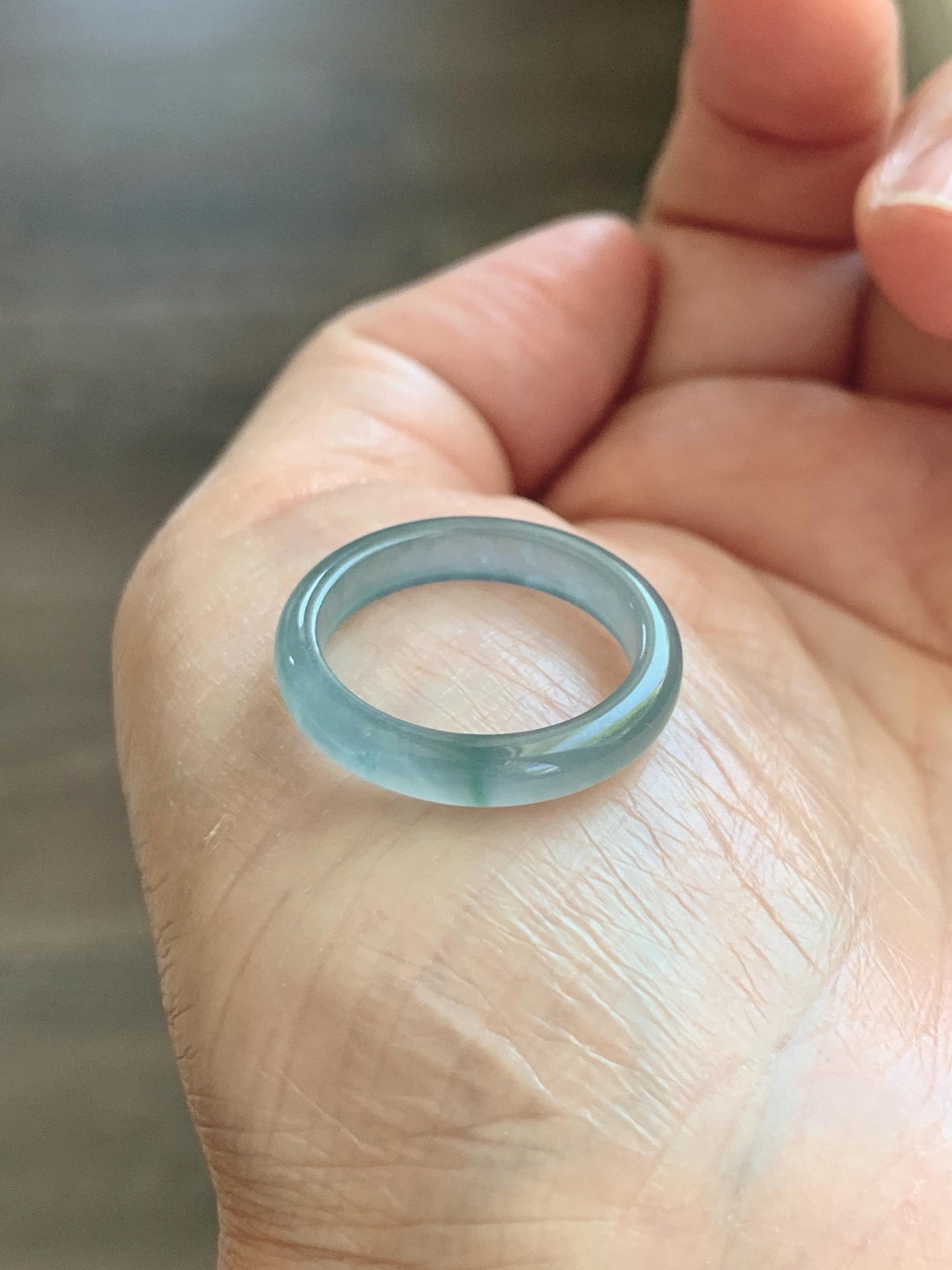 Natural Guatemalan Grade A Icy Translucent Light Teal Blue Green Marbled Jade Jadeite Band Ring Size 7.25 US 天然冰胶危蓝飘绿花翡翠戒圈 WLJ560F