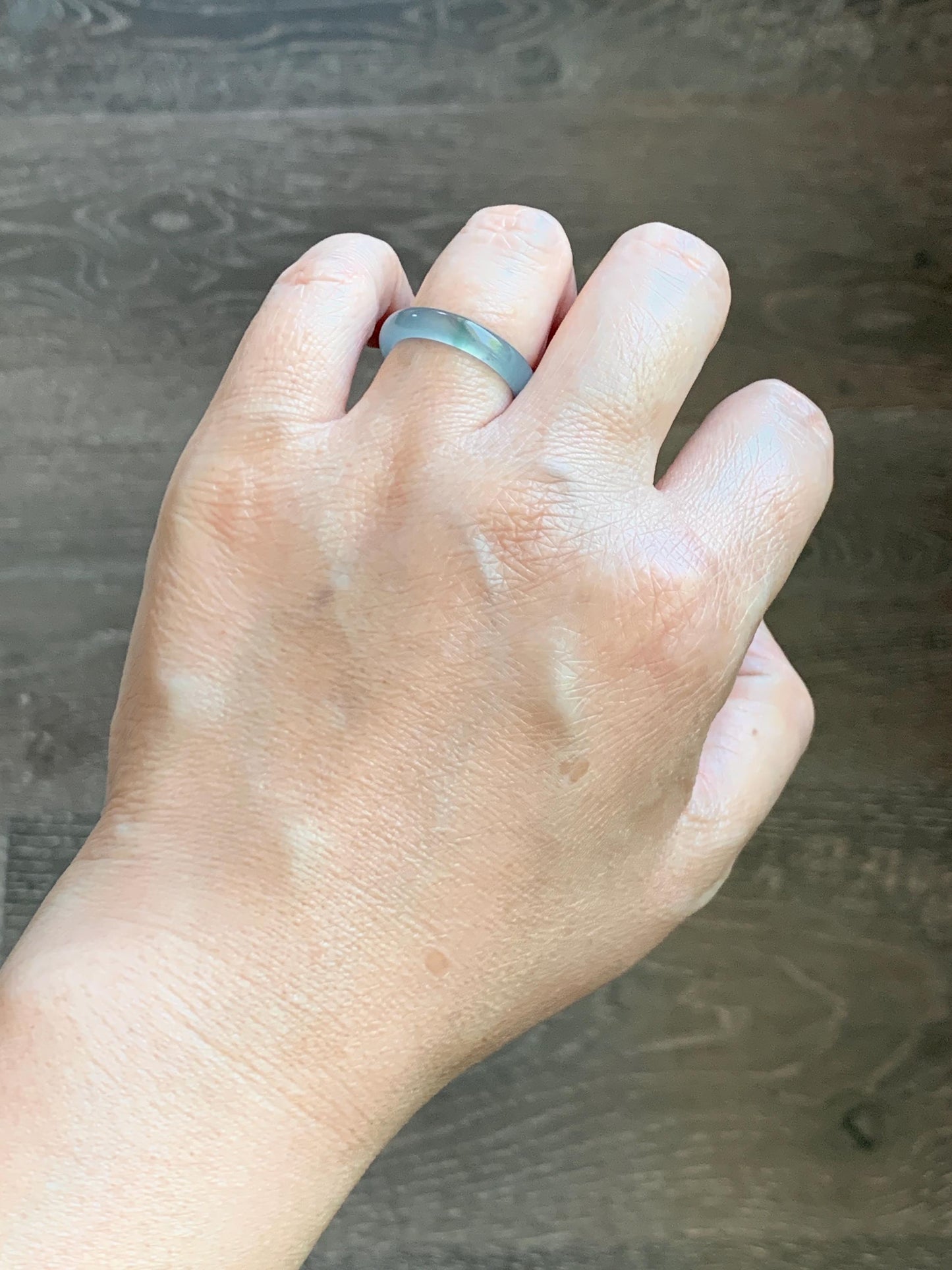 Natural Guatemalan Grade A Icy Translucent Light Teal Blue Green Marbled Jade Jadeite Band Ring Size 7.25 US 天然冰胶危蓝飘绿花翡翠戒圈 WLJ560F