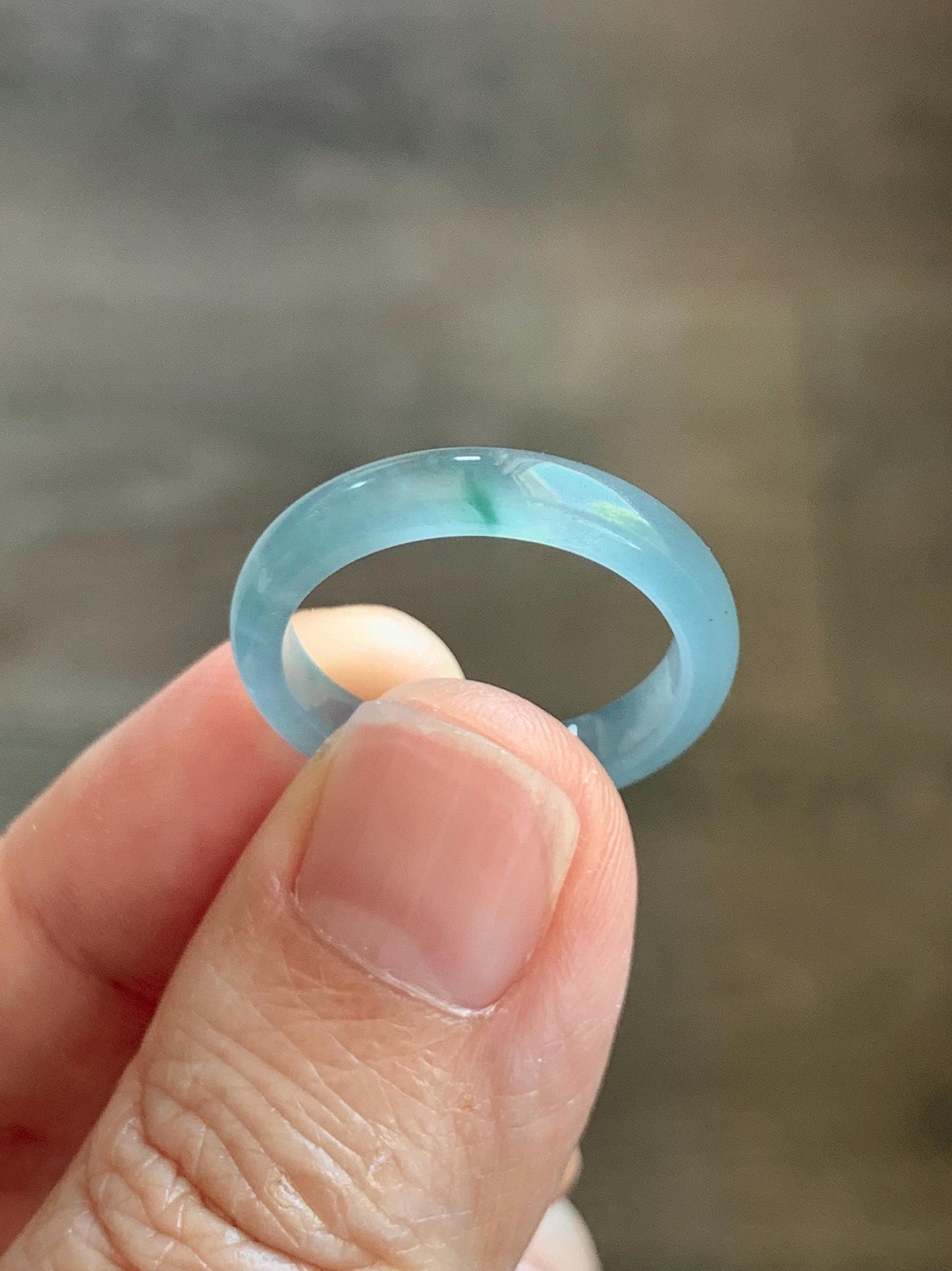 Natural Guatemalan Grade A Icy Translucent Light Teal Blue Green Marbled Jade Jadeite Band Ring Size 7.25 US 天然冰胶危蓝飘绿花翡翠戒圈 WLJ560F