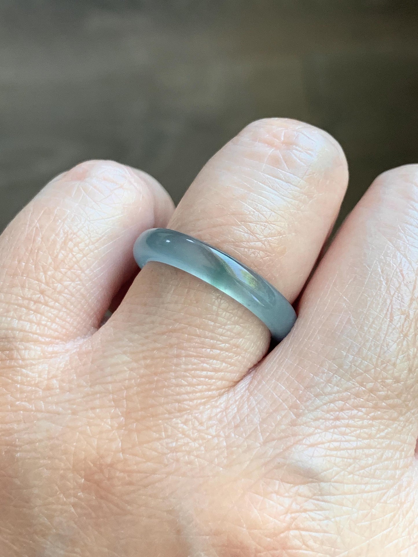 Natural Guatemalan Grade A Icy Translucent Light Teal Blue Green Marbled Jade Jadeite Band Ring Size 7.25 US 天然冰胶危蓝飘绿花翡翠戒圈 WLJ560F