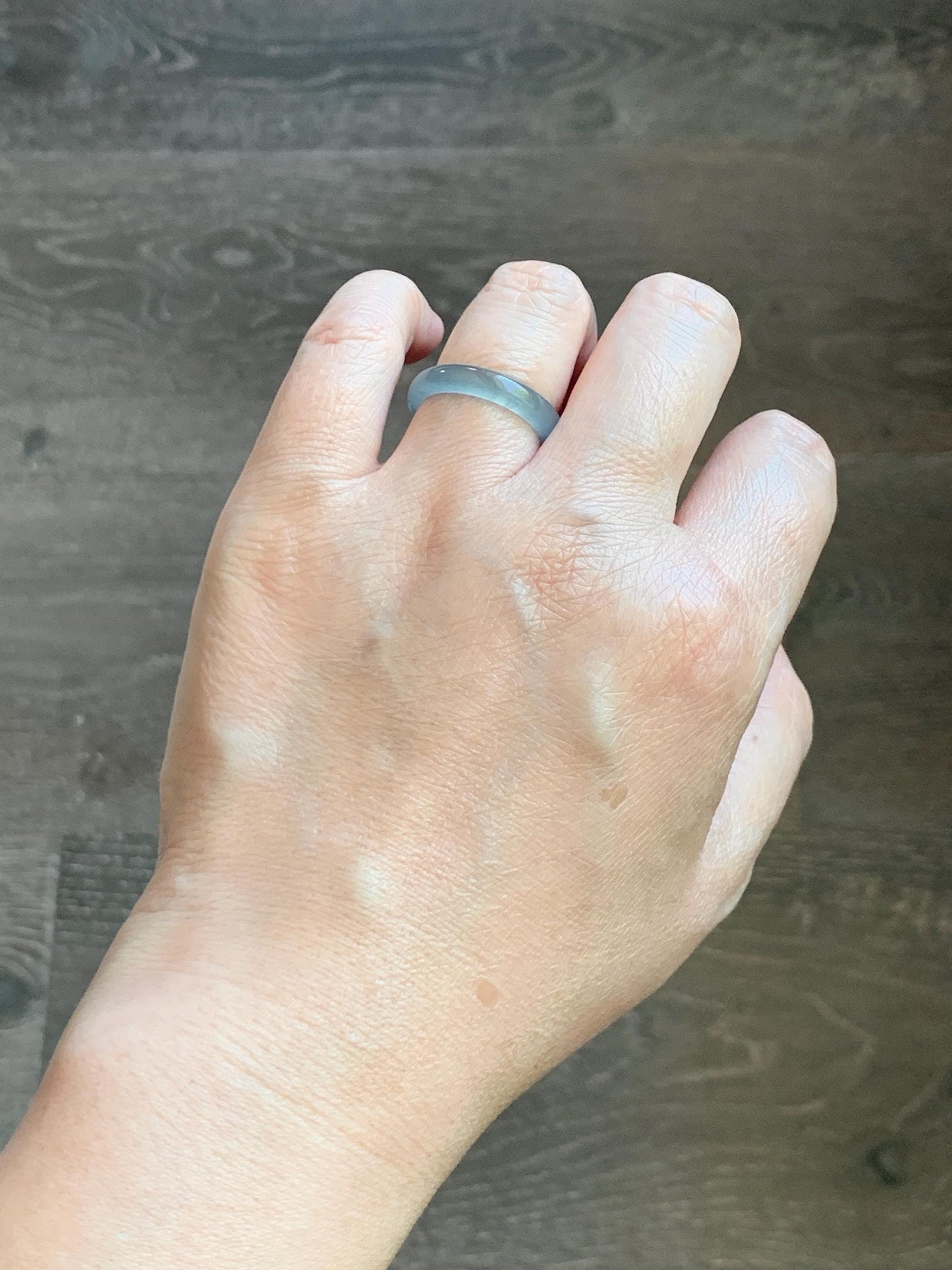 Natural Guatemalan Grade A Icy Translucent Light Teal Blue Green Marbled Jade Jadeite Band Ring Size 7.25 US 天然冰胶危蓝飘绿花翡翠戒圈 WLJ560F