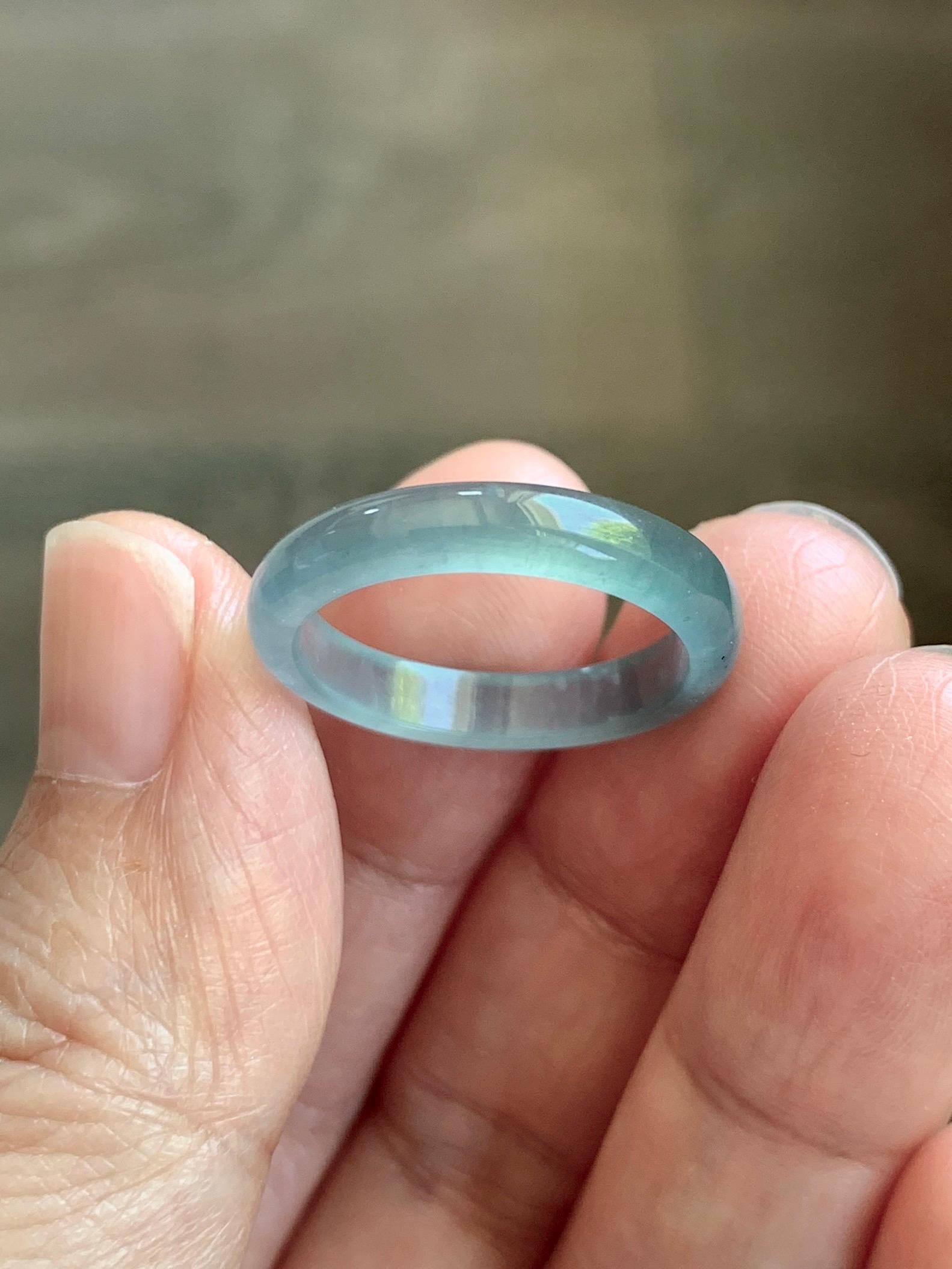 Natural Guatemalan Grade A Icy Highly Translucent Teal Blue Jade Jadeite Band Ring Size 7.5 US 天然冰胶危蓝翡翠戒圈 WLJ560D