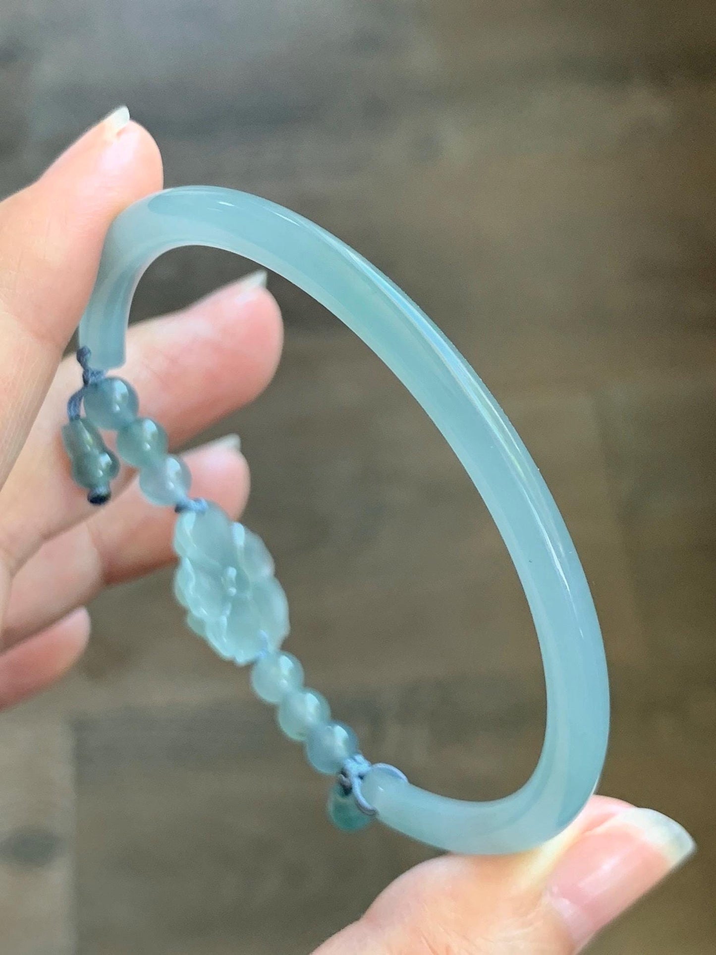 Certified Natural Grade A Guatemalan Icy Translucent Pastel Teal Jade Jadeite Open Bangle Lotus Flower Bracelet 60.17mm 天然冰胶危深篮翡翠莲花开口手镯 1201