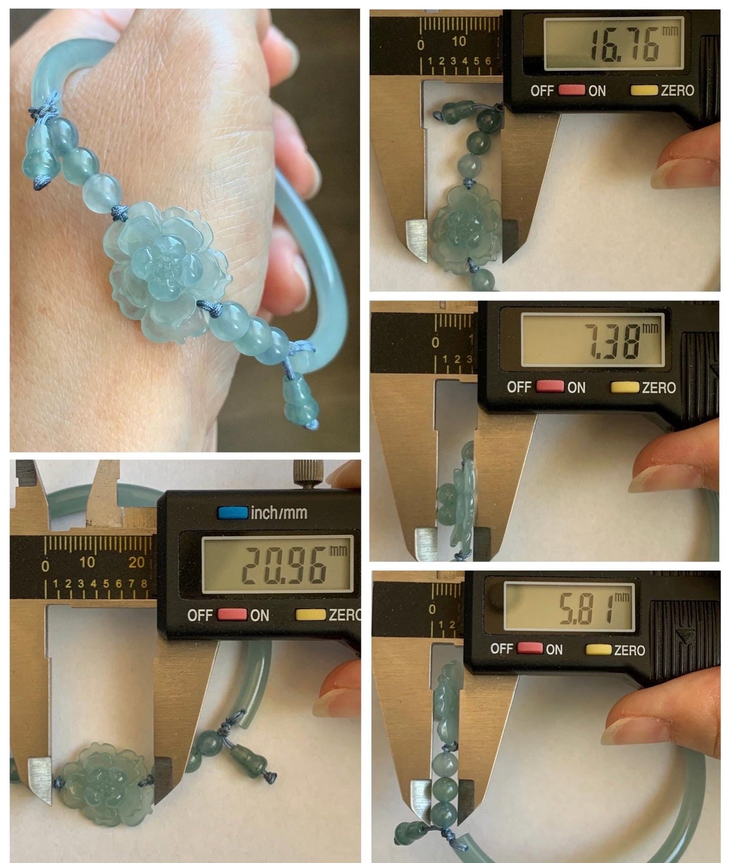Certified Natural Grade A Guatemalan Icy Translucent Pastel Teal Jade Jadeite Open Bangle Lotus Flower Bracelet 60.17mm 天然冰胶危深篮翡翠莲花开口手镯 1201
