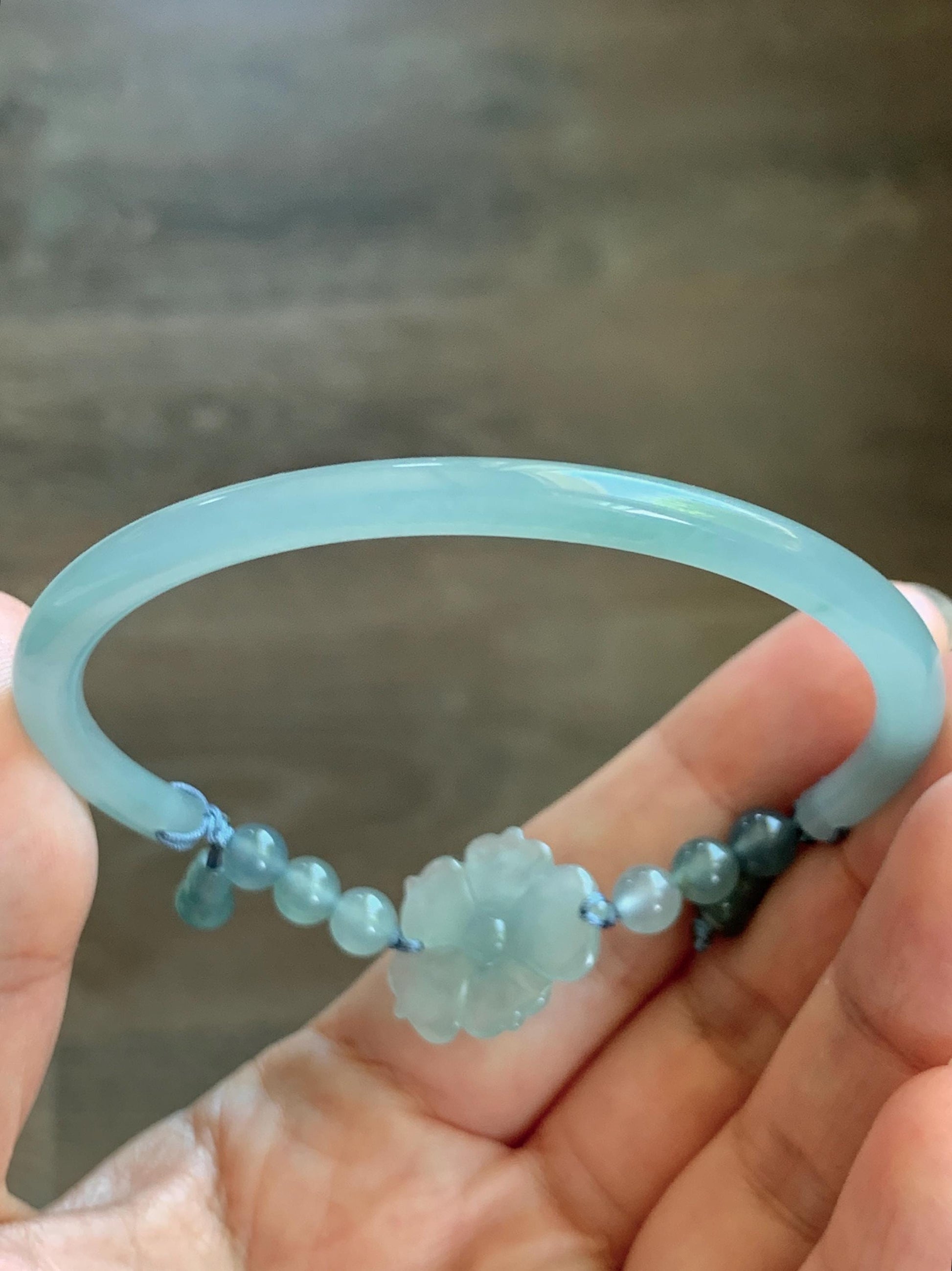 Certified Natural Grade A Guatemalan Icy Translucent Pastel Teal Jade Jadeite Open Bangle Lotus Flower Bracelet 60.17mm 天然冰胶危深篮翡翠莲花开口手镯 1201