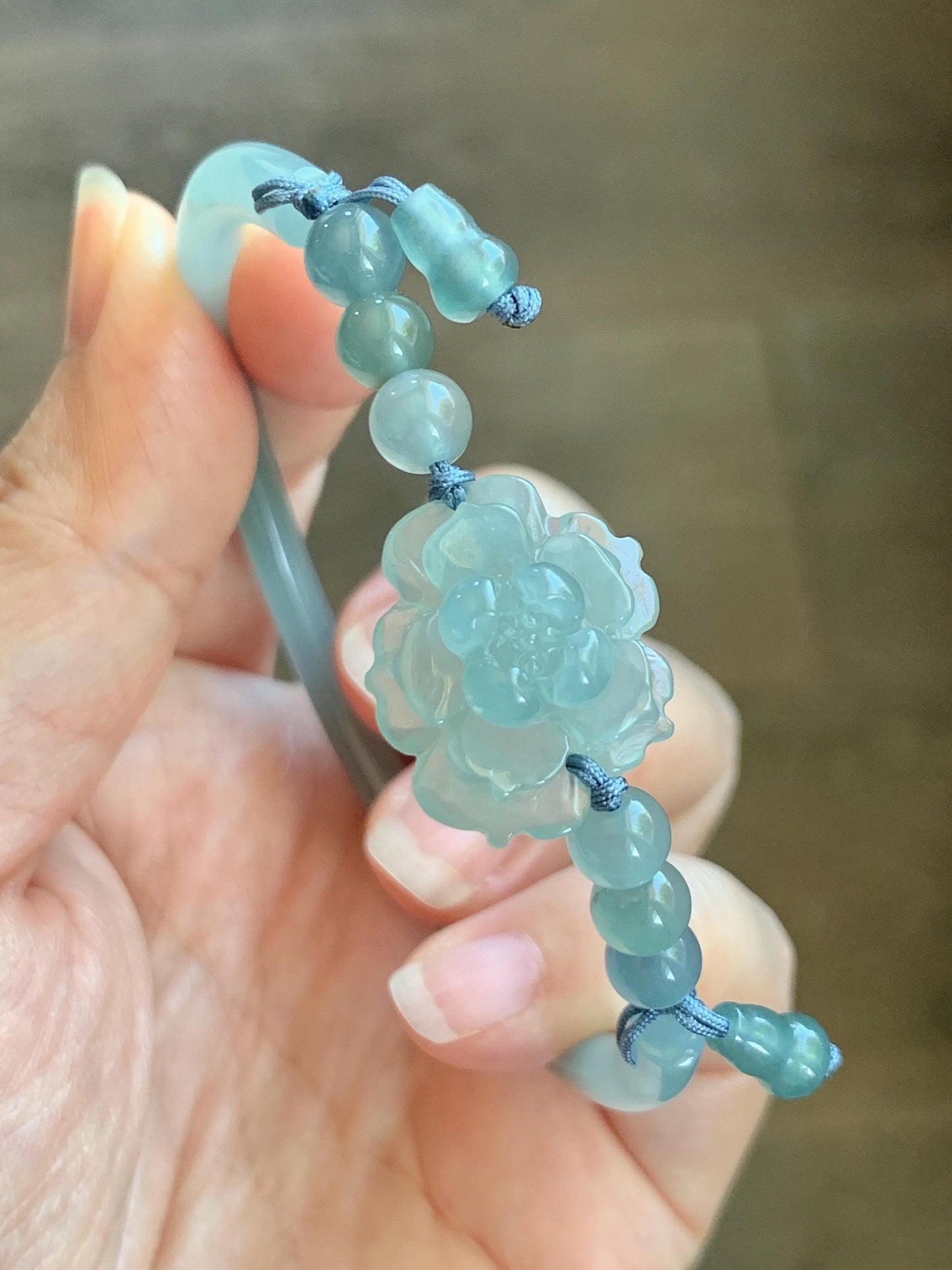 Certified Natural Grade A Guatemalan Icy Translucent Pastel Teal Jade Jadeite Open Bangle Lotus Flower Bracelet 60.17mm 天然冰胶危深篮翡翠莲花开口手镯 1201