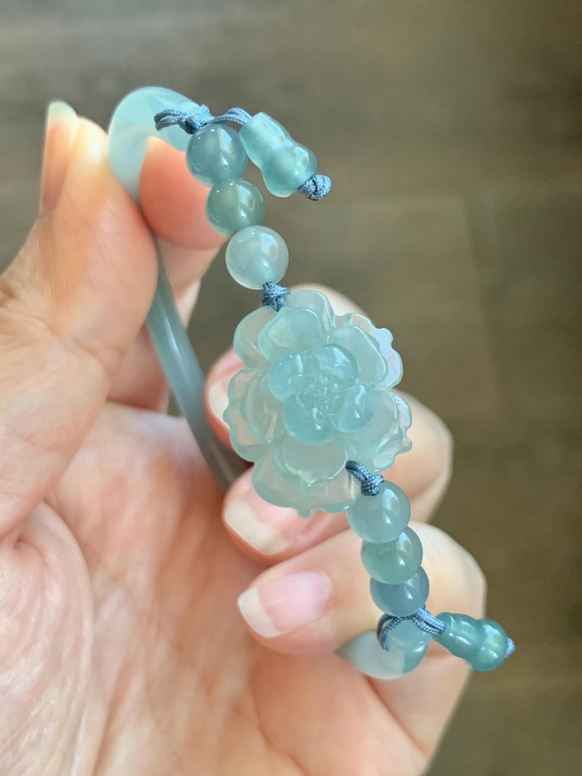 Certified Natural Grade A Guatemalan Icy Translucent Pastel Teal Jade Jadeite Open Bangle Lotus Flower Bracelet 60.17mm 天然冰胶危深篮翡翠莲花开口手镯 1201