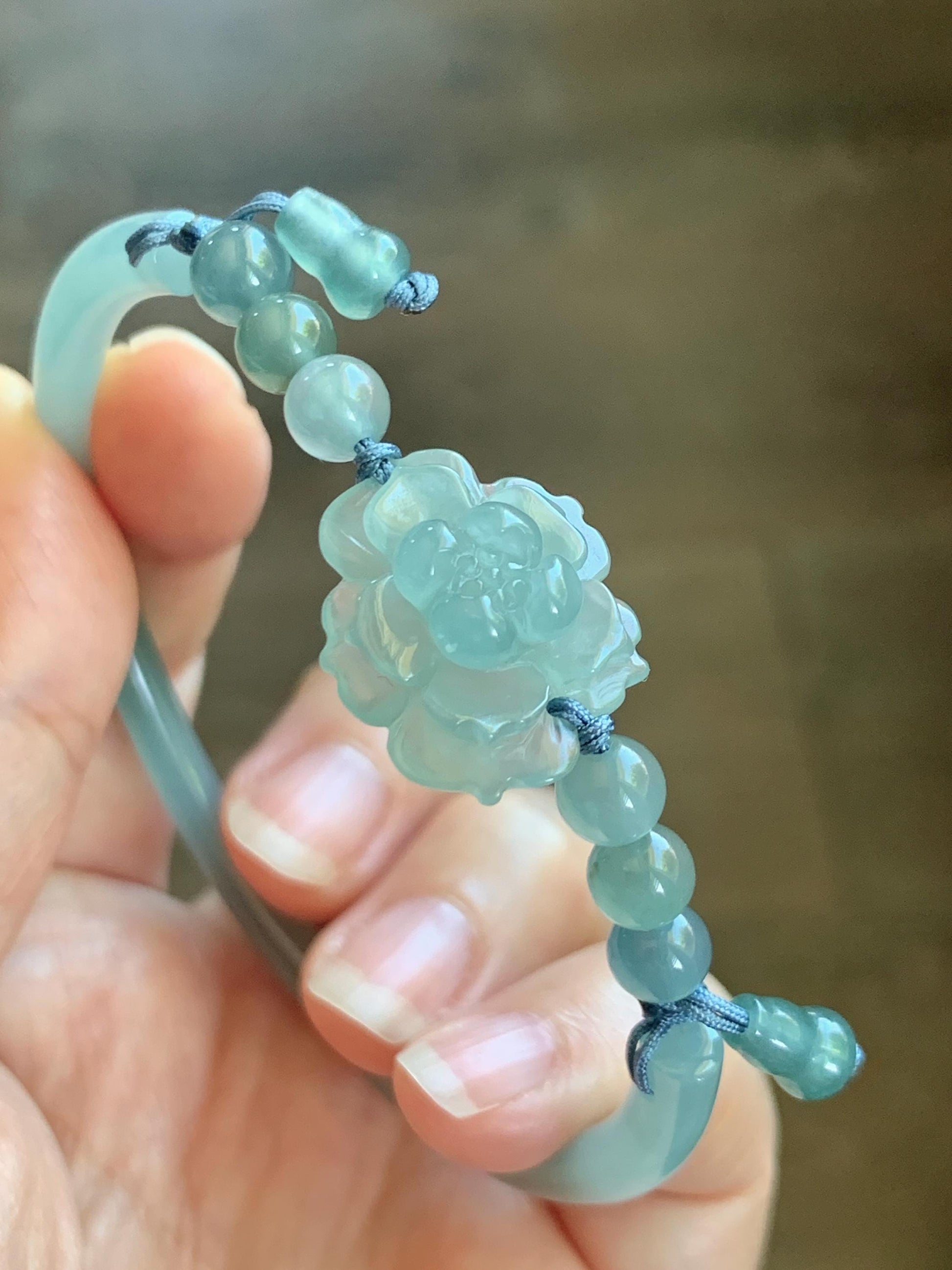 Certified Natural Grade A Guatemalan Icy Translucent Pastel Teal Jade Jadeite Open Bangle Lotus Flower Bracelet 60.17mm 天然冰胶危深篮翡翠莲花开口手镯 1201