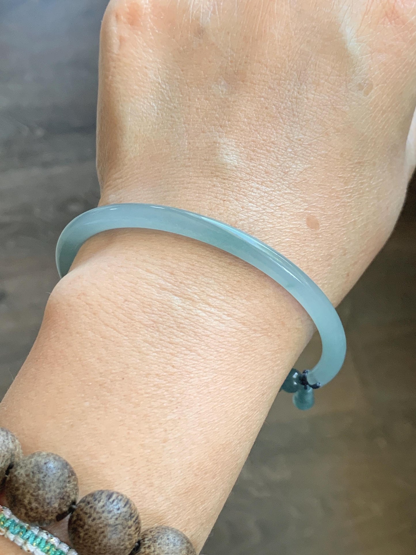 Certified Natural Grade A Guatemalan Icy Translucent Pastel Teal Jade Jadeite Open Bangle Lotus Flower Bracelet 60.17mm 天然冰胶危深篮翡翠莲花开口手镯 1201