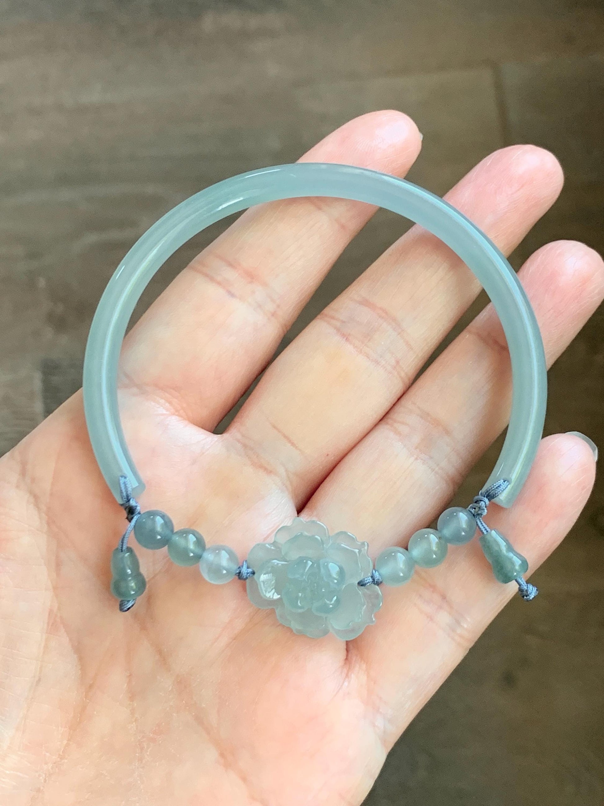 Certified Natural Grade A Guatemalan Icy Translucent Pastel Teal Jade Jadeite Open Bangle Lotus Flower Bracelet 60.17mm 天然冰胶危深篮翡翠莲花开口手镯 1201