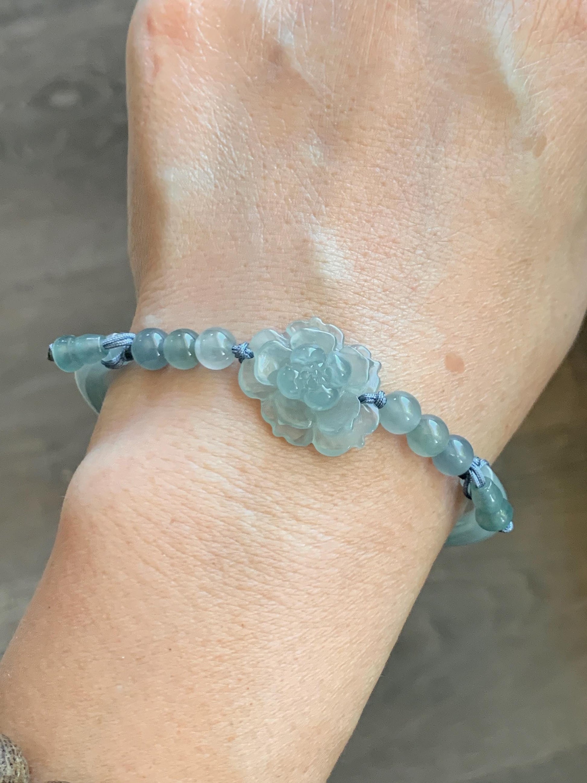 Certified Natural Grade A Guatemalan Icy Translucent Pastel Teal Jade Jadeite Open Bangle Lotus Flower Bracelet 60.17mm 天然冰胶危深篮翡翠莲花开口手镯 1201
