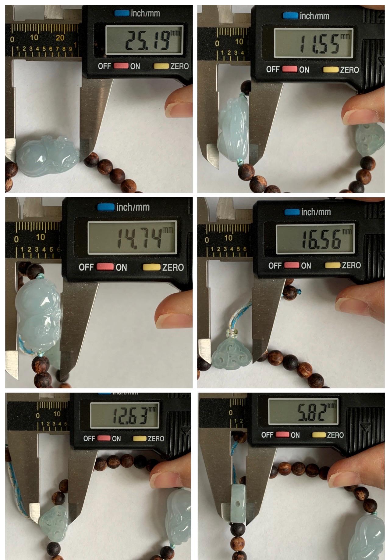 Natural Grade A Icy Translucent Pastel Blue Jadeite Nine-tailed Fox Ruyi Charm Wood Beads Beaded Bracelet 6.75” 天然冰胶浅灰蓝翡翠九尾狐如意珠木珠手串 MLH269