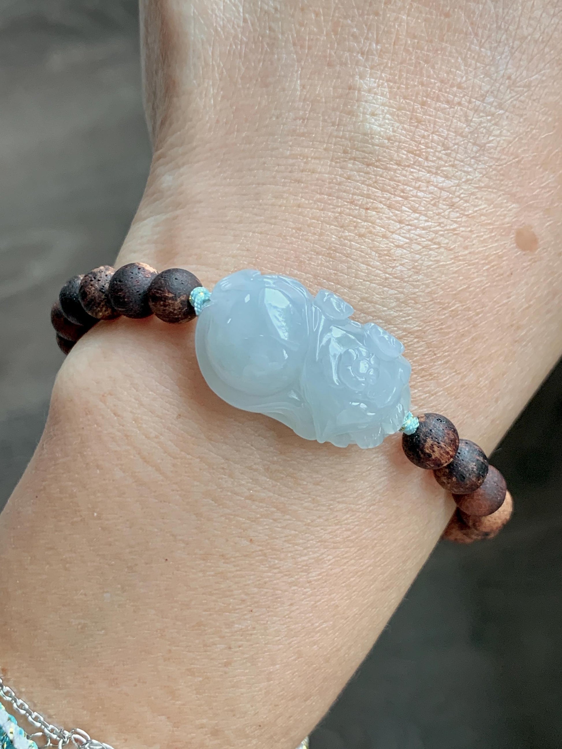 Natural Grade A Icy Translucent Pastel Blue Jadeite Nine-tailed Fox Ruyi Charm Wood Beads Beaded Bracelet 6.75” 天然冰胶浅灰蓝翡翠九尾狐如意珠木珠手串 MLH269