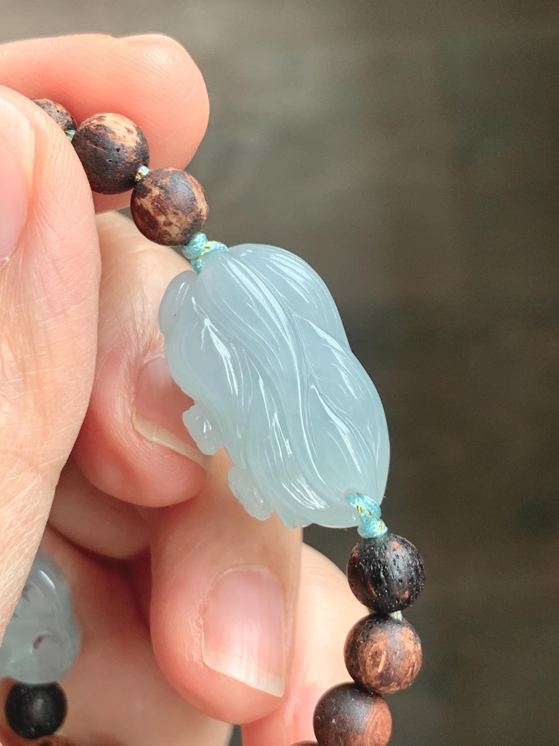 Natural Grade A Icy Translucent Pastel Blue Jadeite Nine-tailed Fox Ruyi Charm Wood Beads Beaded Bracelet 6.75” 天然冰胶浅灰蓝翡翠九尾狐如意珠木珠手串 MLH269