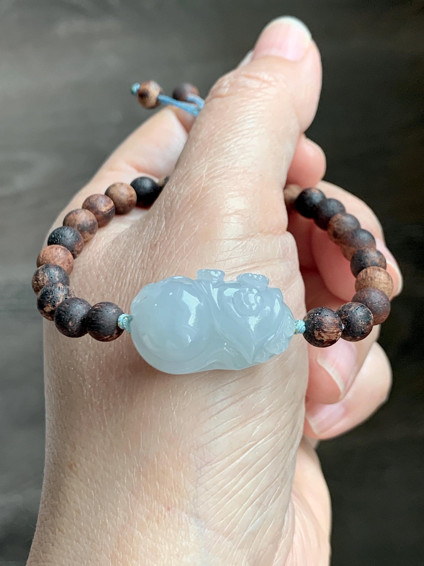 Natural Grade A Icy Translucent Pastel Blue Jadeite Nine-tailed Fox Ruyi Charm Wood Beads Beaded Bracelet 6.75” 天然冰胶浅灰蓝翡翠九尾狐如意珠木珠手串 MLH269