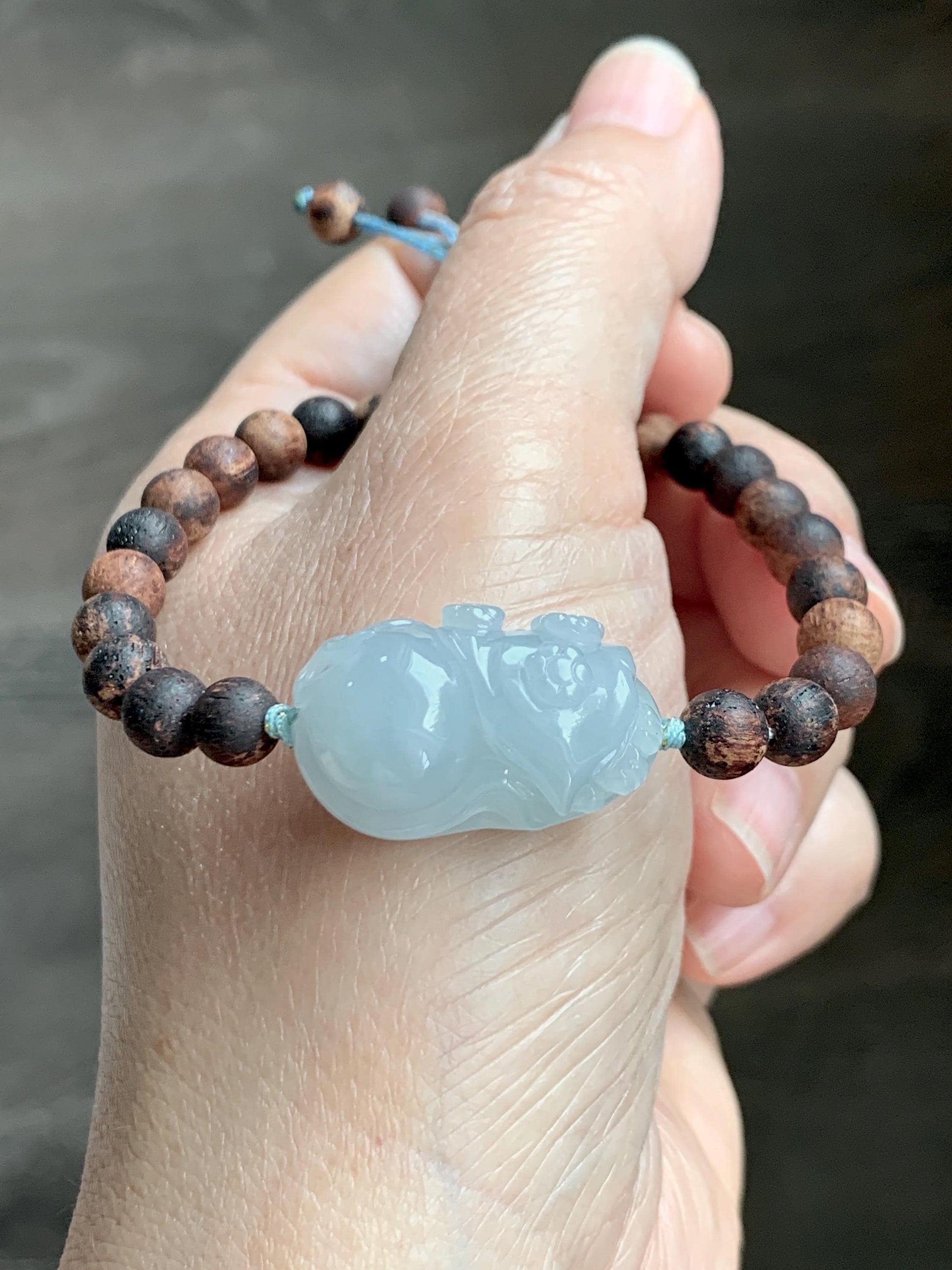 Natural Grade A Icy Translucent Pastel Blue Jadeite Nine-tailed Fox Ruyi Charm Wood Beads Beaded Bracelet 6.75” 天然冰胶浅灰蓝翡翠九尾狐如意珠木珠手串 MLH269