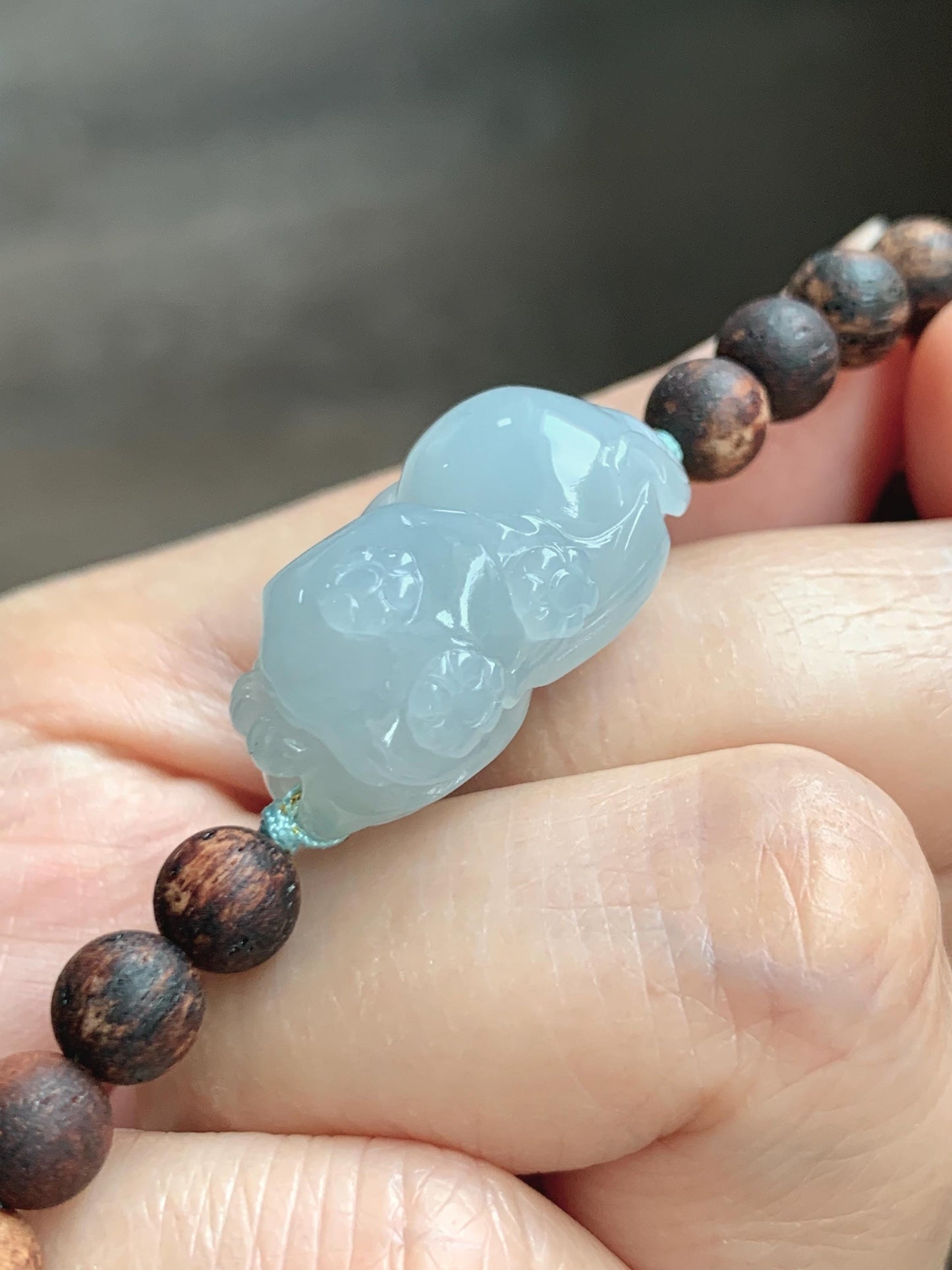 Natural Grade A Icy Translucent Pastel Blue Jadeite Nine-tailed Fox Ruyi Charm Wood Beads Beaded Bracelet 6.75” 天然冰胶浅灰蓝翡翠九尾狐如意珠木珠手串 MLH269