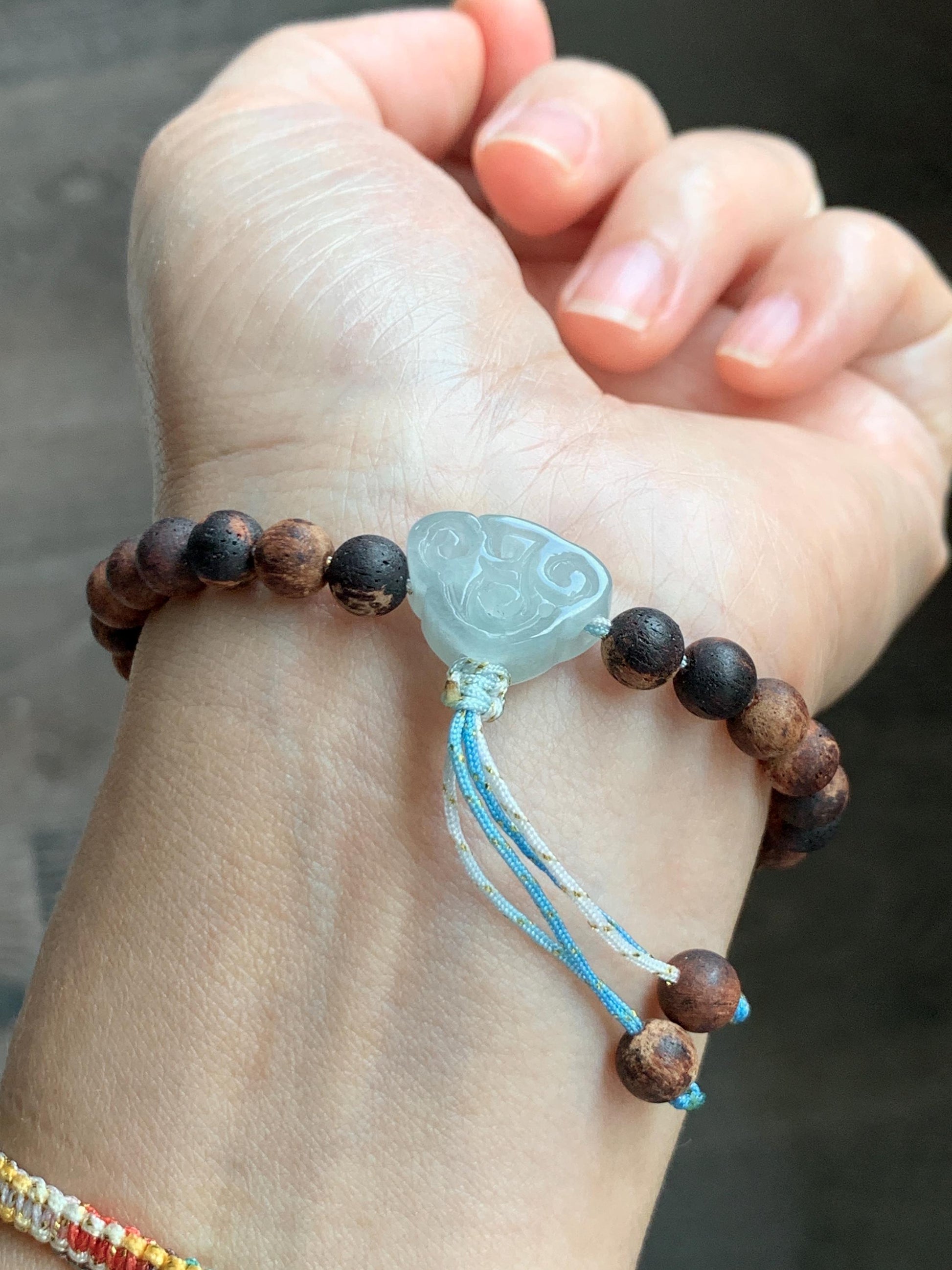 Natural Grade A Icy Translucent Pastel Blue Jadeite Nine-tailed Fox Ruyi Charm Wood Beads Beaded Bracelet 6.75” 天然冰胶浅灰蓝翡翠九尾狐如意珠木珠手串 MLH269