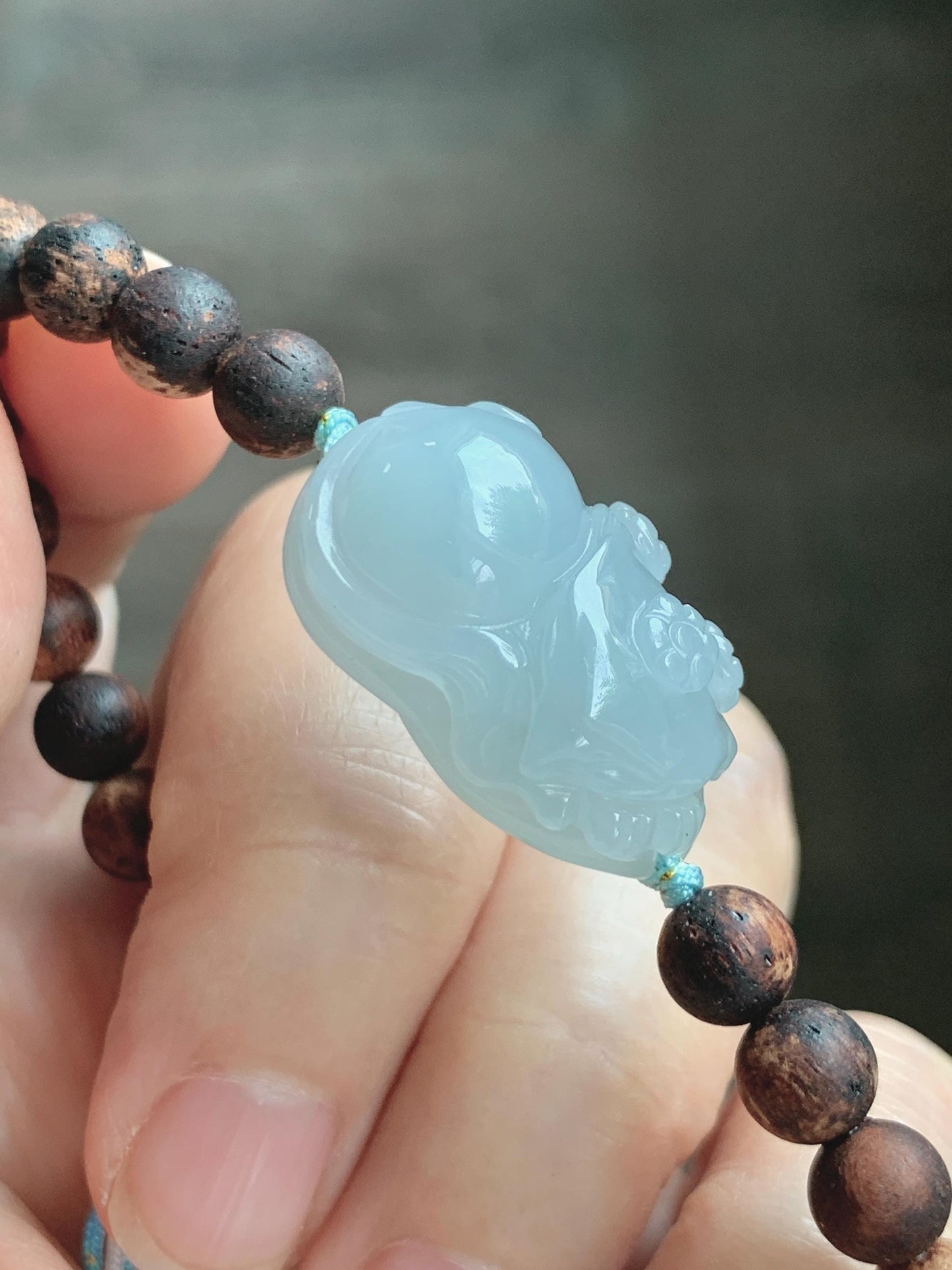 Natural Grade A Icy Translucent Pastel Blue Jadeite Nine-tailed Fox Ruyi Charm Wood Beads Beaded Bracelet 6.75” 天然冰胶浅灰蓝翡翠九尾狐如意珠木珠手串 MLH269