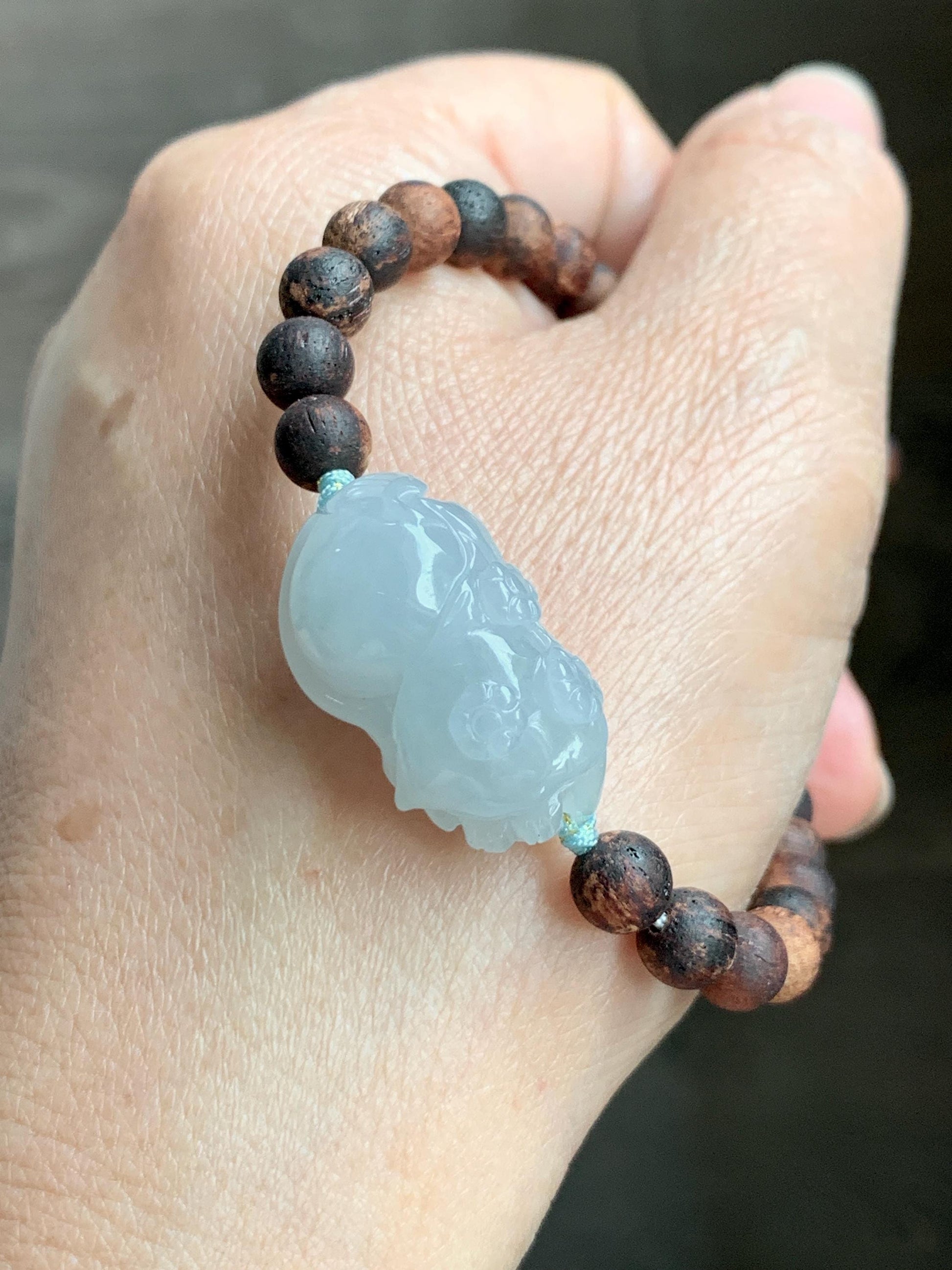 Natural Grade A Icy Translucent Pastel Blue Jadeite Nine-tailed Fox Ruyi Charm Wood Beads Beaded Bracelet 6.75” 天然冰胶浅灰蓝翡翠九尾狐如意珠木珠手串 MLH269