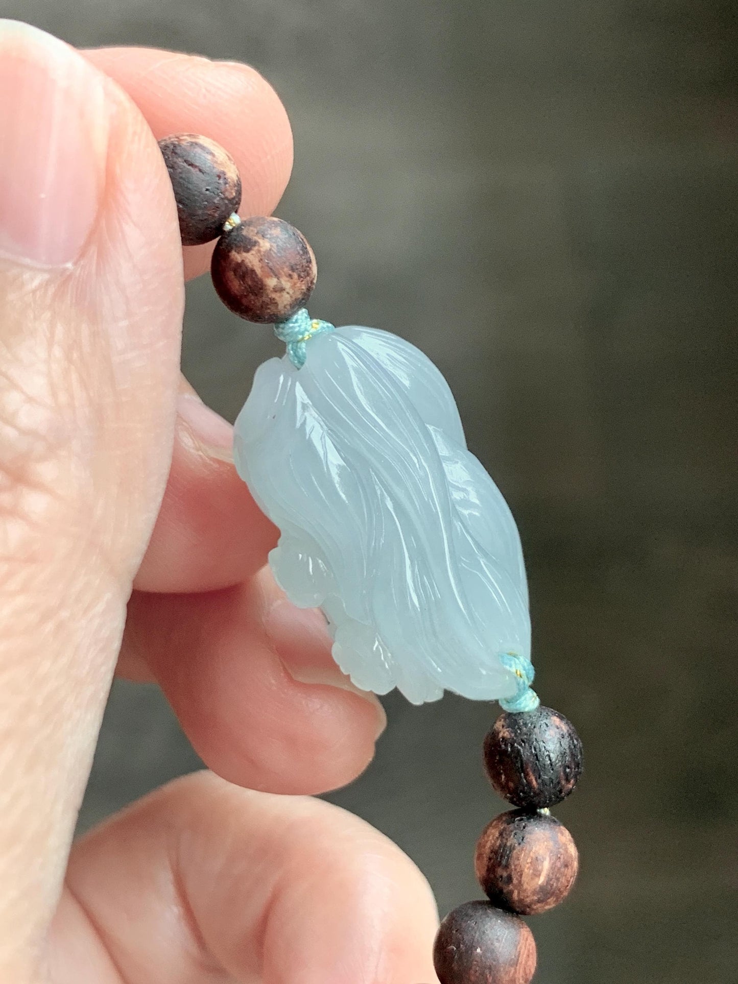 Natural Grade A Icy Translucent Pastel Blue Jadeite Nine-tailed Fox Ruyi Charm Wood Beads Beaded Bracelet 6.75” 天然冰胶浅灰蓝翡翠九尾狐如意珠木珠手串 MLH269