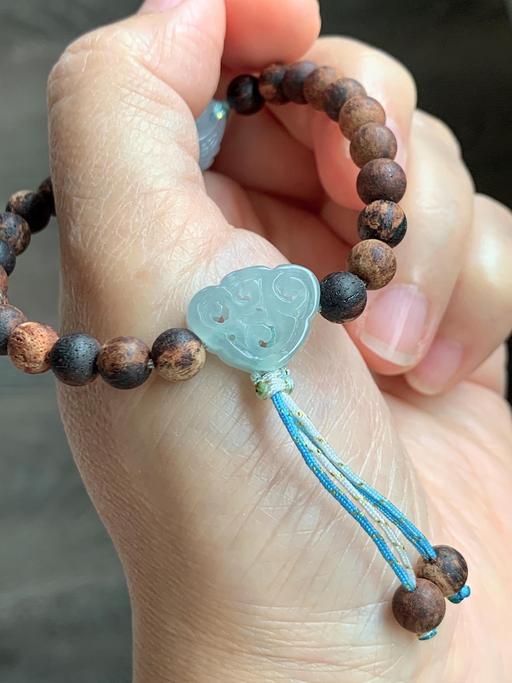 Natural Grade A Icy Translucent Pastel Blue Jadeite Nine-tailed Fox Ruyi Charm Wood Beads Beaded Bracelet 6.75” 天然冰胶浅灰蓝翡翠九尾狐如意珠木珠手串 MLH269