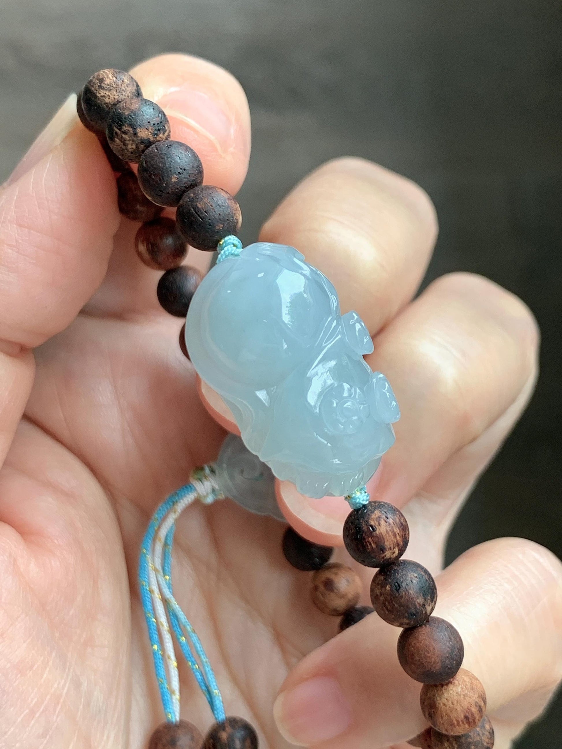 Natural Grade A Icy Translucent Pastel Blue Jadeite Nine-tailed Fox Ruyi Charm Wood Beads Beaded Bracelet 6.75” 天然冰胶浅灰蓝翡翠九尾狐如意珠木珠手串 MLH269