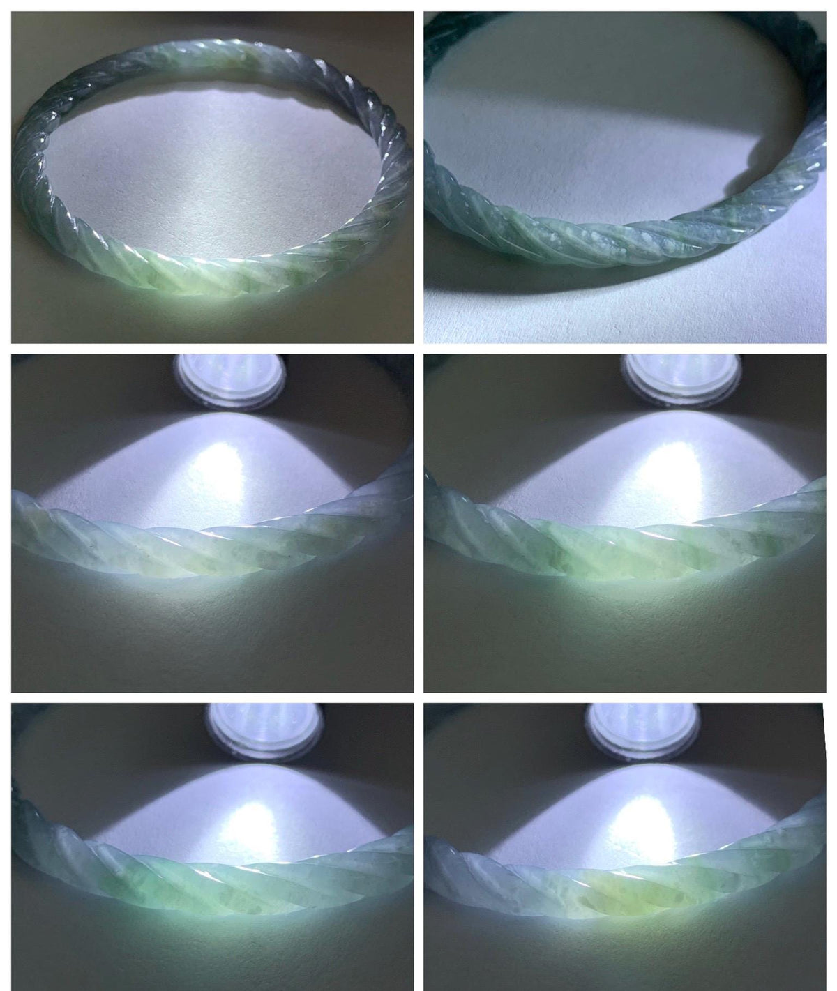Certified Natural Grade A Guatemalan Icy Translucent Pastel Dusty Blue Jade Jadeite Carved Braid Slim Bangle 58.6mm 7.25” 天然冰危浅灰蓝翡翠细麻花手镯 195