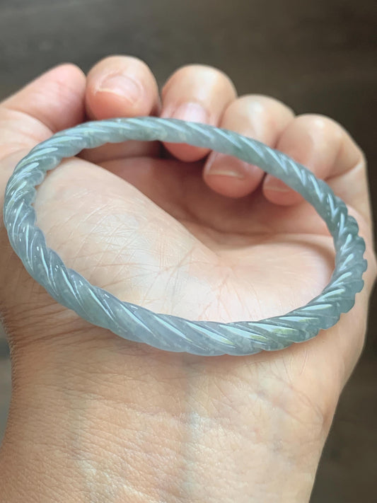 Certified Natural Grade A Guatemalan Icy Translucent Pastel Dusty Blue Jade Jadeite Carved Braid Slim Bangle 58.6mm 7.25” 天然冰危浅灰蓝翡翠细麻花手镯 195