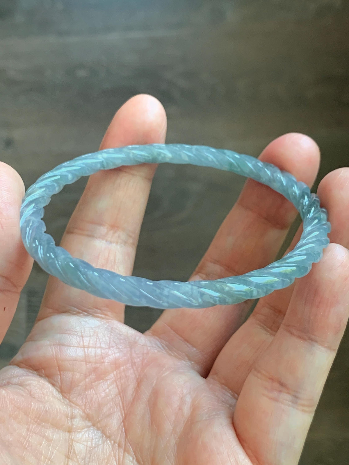 Certified Natural Grade A Guatemalan Icy Translucent Pastel Dusty Blue Jade Jadeite Carved Braid Slim Bangle 58.6mm 7.25” 天然冰危浅灰蓝翡翠细麻花手镯 195