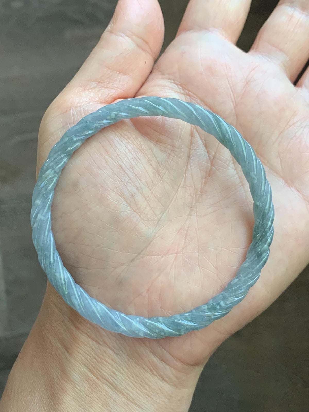 Certified Natural Grade A Guatemalan Icy Translucent Pastel Dusty Blue Jade Jadeite Carved Braid Slim Bangle 58.6mm 7.25” 天然冰危浅灰蓝翡翠细麻花手镯 195