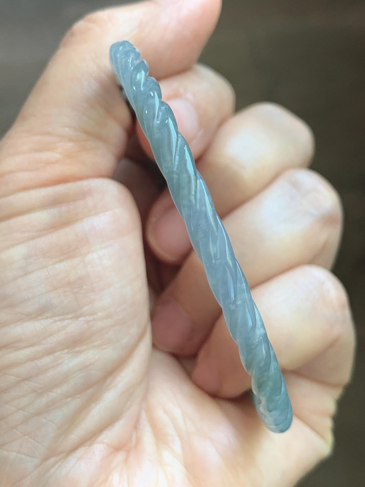 Certified Natural Grade A Guatemalan Icy Translucent Pastel Dusty Blue Jade Jadeite Carved Braid Slim Bangle 58.6mm 7.25” 天然冰危浅灰蓝翡翠细麻花手镯 195