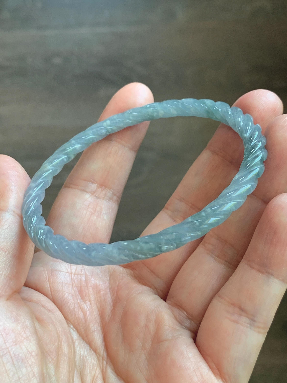 Certified Natural Grade A Guatemalan Icy Translucent Pastel Dusty Blue Jade Jadeite Carved Braid Slim Bangle 58.6mm 7.25” 天然冰危浅灰蓝翡翠细麻花手镯 195