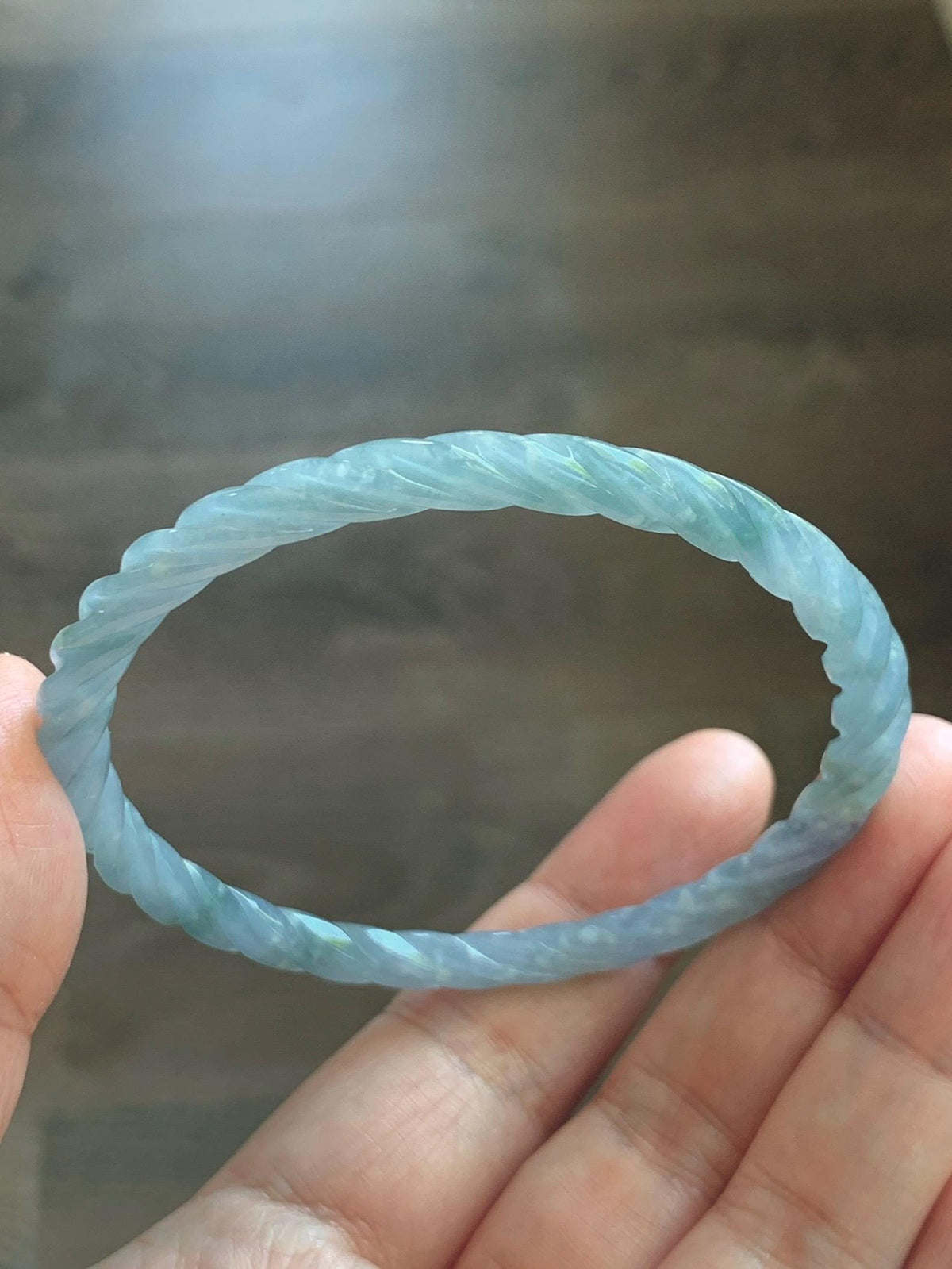 Certified Natural Grade A Guatemalan Icy Translucent Pastel Dusty Blue Jade Jadeite Carved Braid Slim Bangle 57.8mm 7.14” 天然冰危浅灰蓝翡翠细麻花手镯 193
