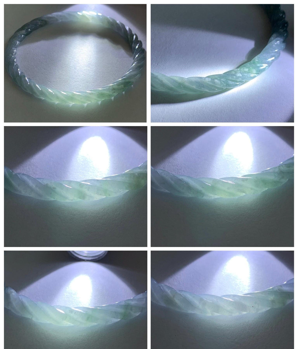 Certified Natural Grade A Guatemalan Icy Translucent Pastel Dusty Blue Jade Jadeite Carved Braid Slim Bangle 57.8mm 7.14” 天然冰危浅灰蓝翡翠细麻花手镯 193
