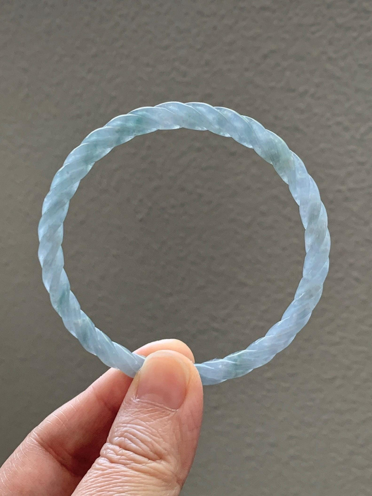 Certified Natural Grade A Guatemalan Icy Translucent Pastel Dusty Blue Jade Jadeite Carved Braid Slim Bangle 57.8mm 7.14” 天然冰危浅灰蓝翡翠细麻花手镯 193