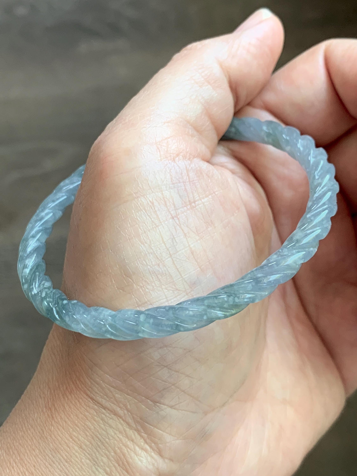 Certified Natural Grade A Guatemalan Icy Translucent Pastel Dusty Blue Jade Jadeite Carved Braid Slim Bangle 57.8mm 7.14” 天然冰危浅灰蓝翡翠细麻花手镯 193