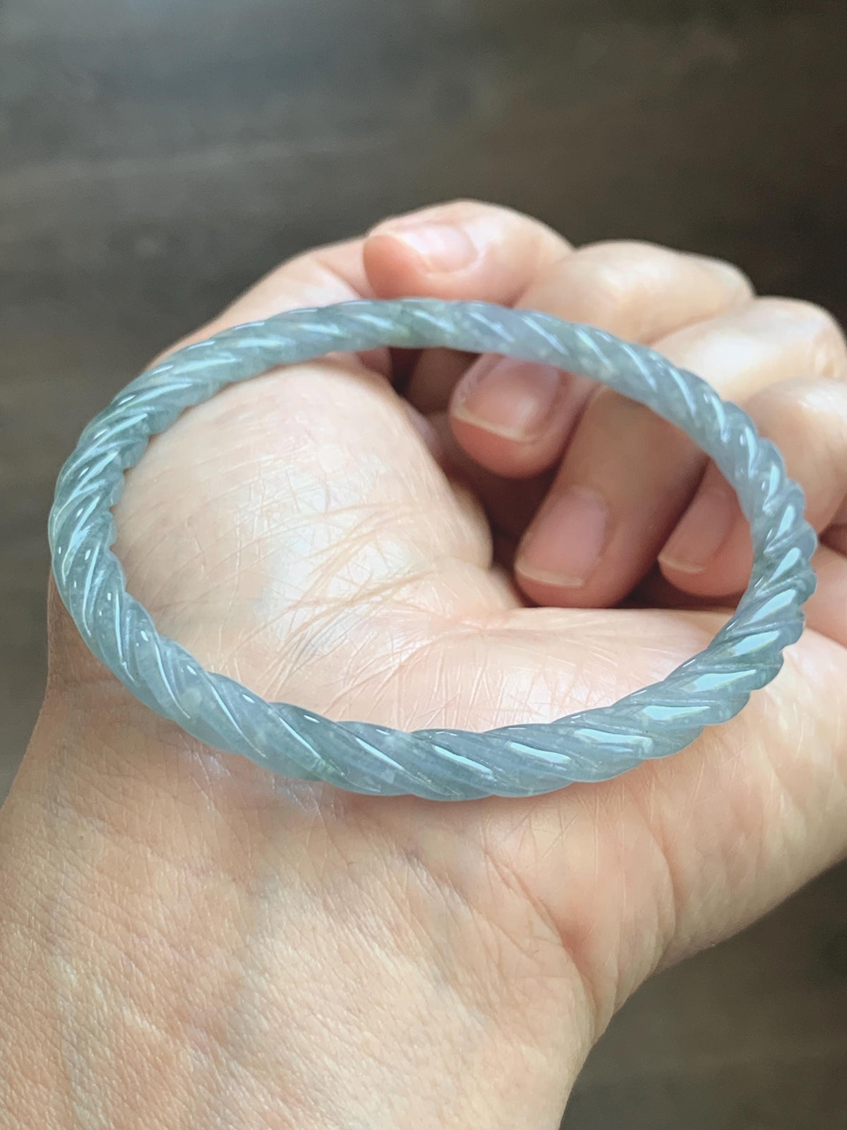 Certified Natural Grade A Guatemalan Icy Translucent Pastel Dusty Blue Jade Jadeite Carved Braid Slim Bangle 57.8mm 7.14” 天然冰危浅灰蓝翡翠细麻花手镯 193